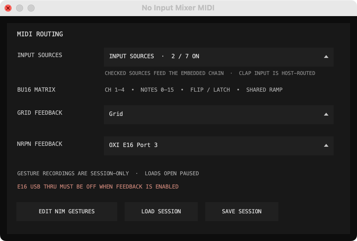No Input Mixer MIDI window showing input-source selection, BU16 Grid feedback, E16 NRPN feedback, and Edit, Load, and Save NIM Gesture controls