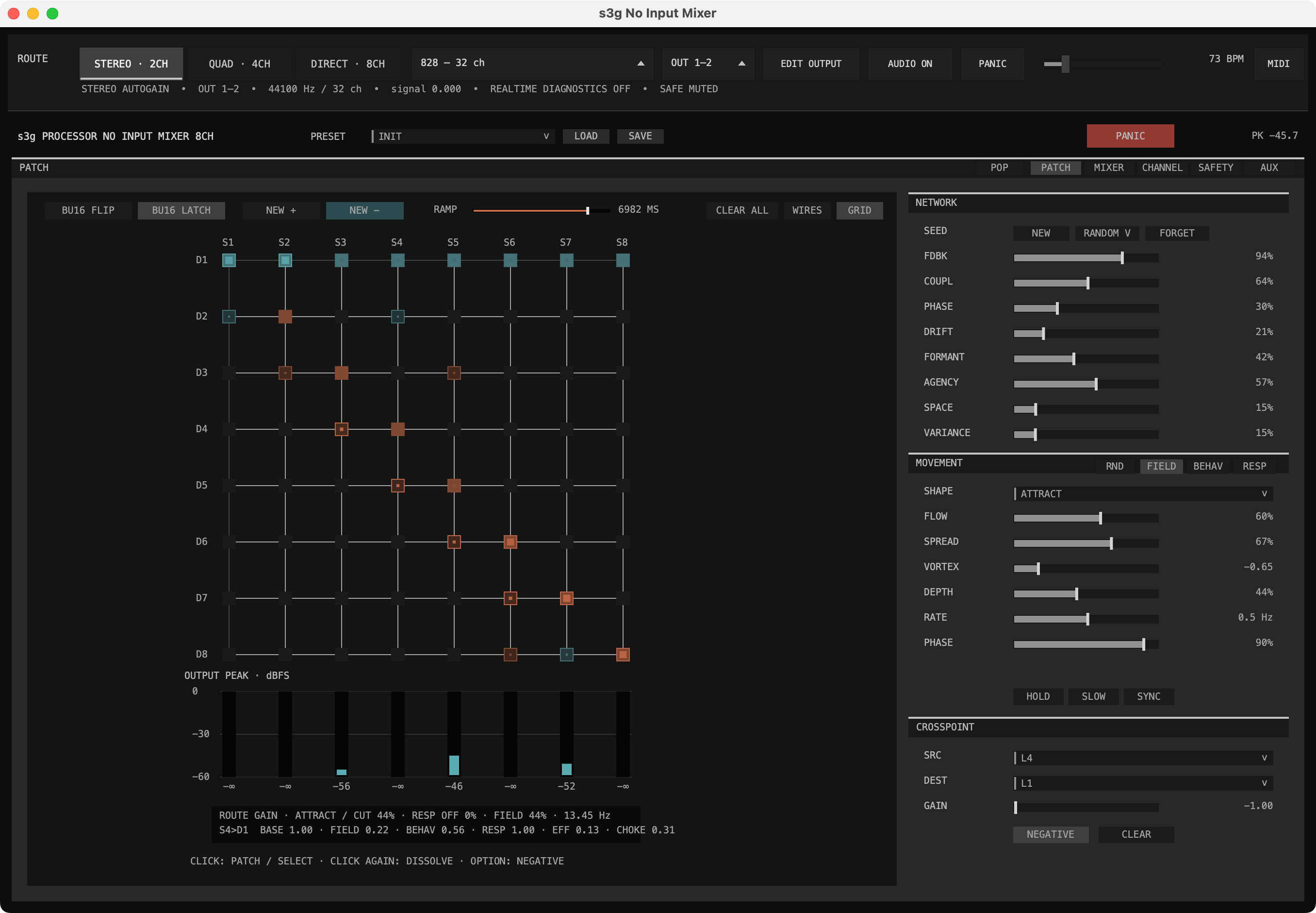 s3g No Input Mixer standalone main window with the NIM Patch page below the persistent Route strip, showing Stereo, Quad, Direct 8, audio device, output bank, Edit Output, Audio On, Panic, tempo, MIDI, and Safe Muted status