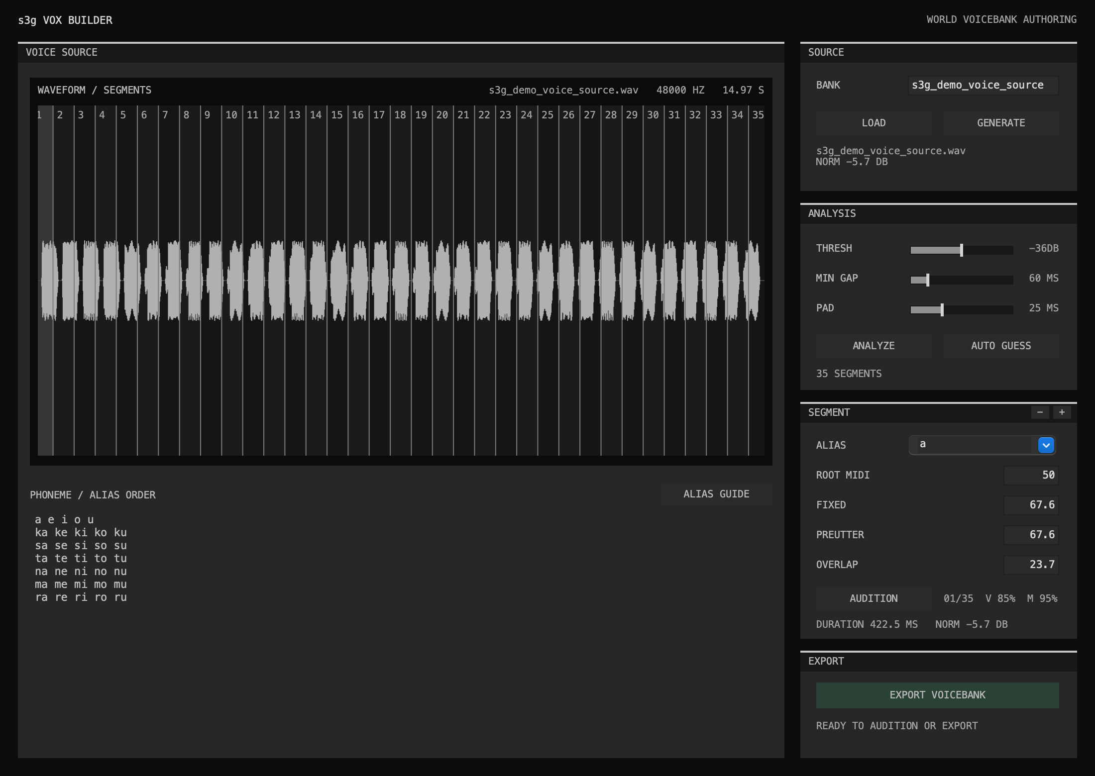 Vox Builder showing the included 35-alias demonstration source, segmented waveform, and white alias text on the black editor field