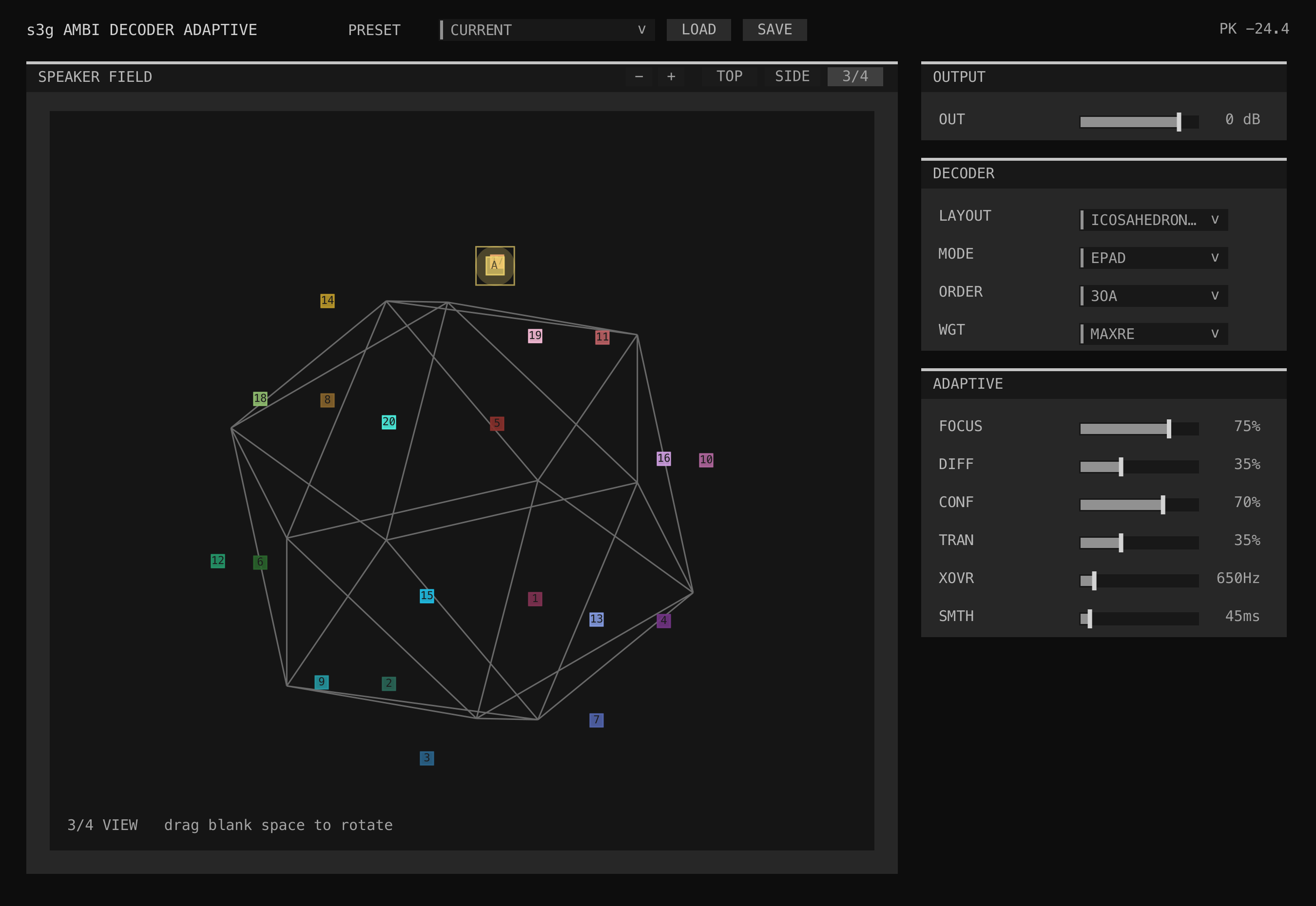 Ambi Decoder Adaptive interface showing its Icosahedron 20 speaker field, EPAD and MaxRE sharp decoder settings, focus, diffuse, confidence, transient, crossover, and smoothing controls