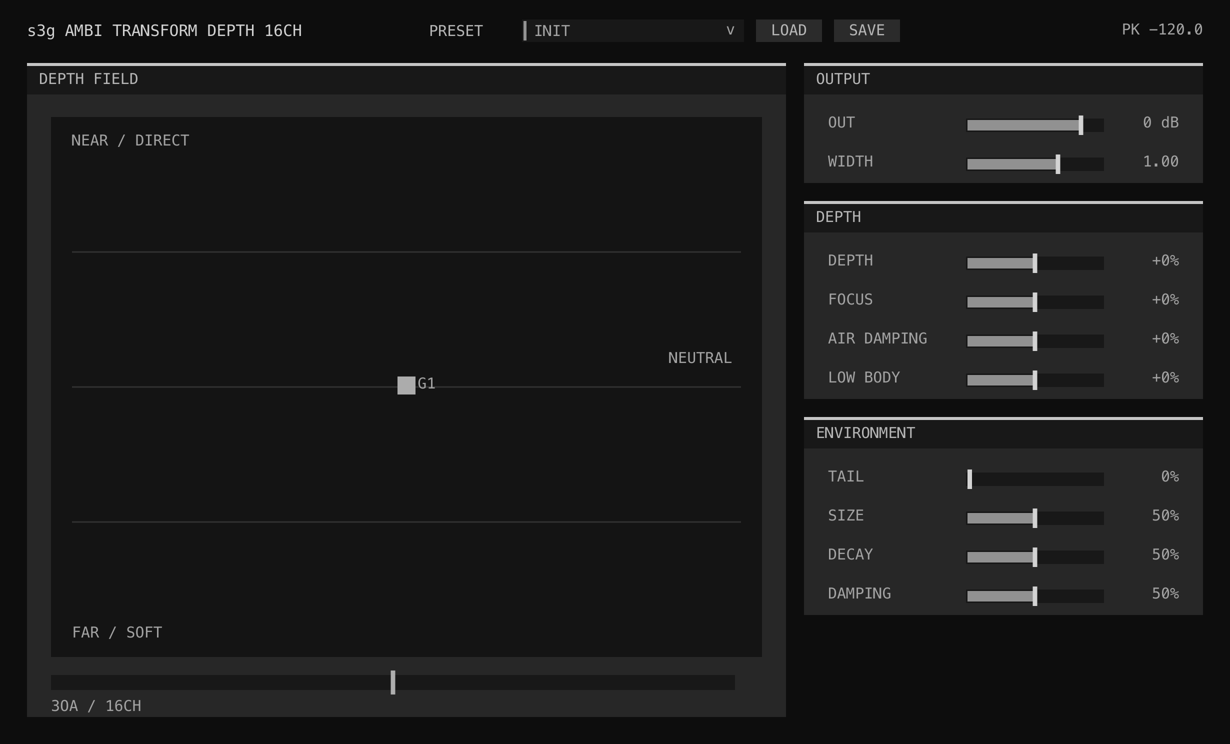 Ambi Depth 16 interface showing near and far depth, focus, air, tail, low-body, width, and output controls