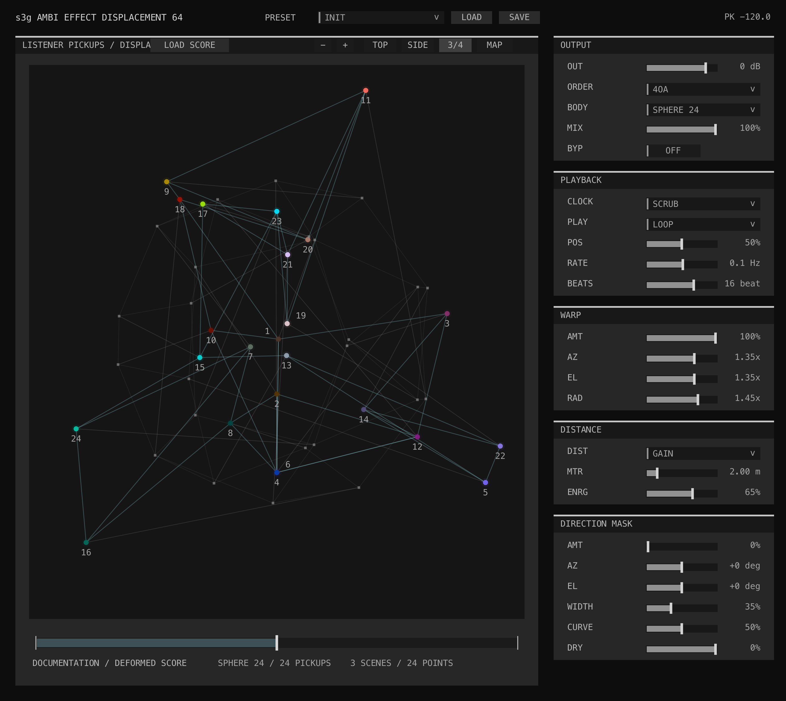 Ambi Effect Displacement interface paused halfway through a three-scene score with strongly deformed source and target geometry