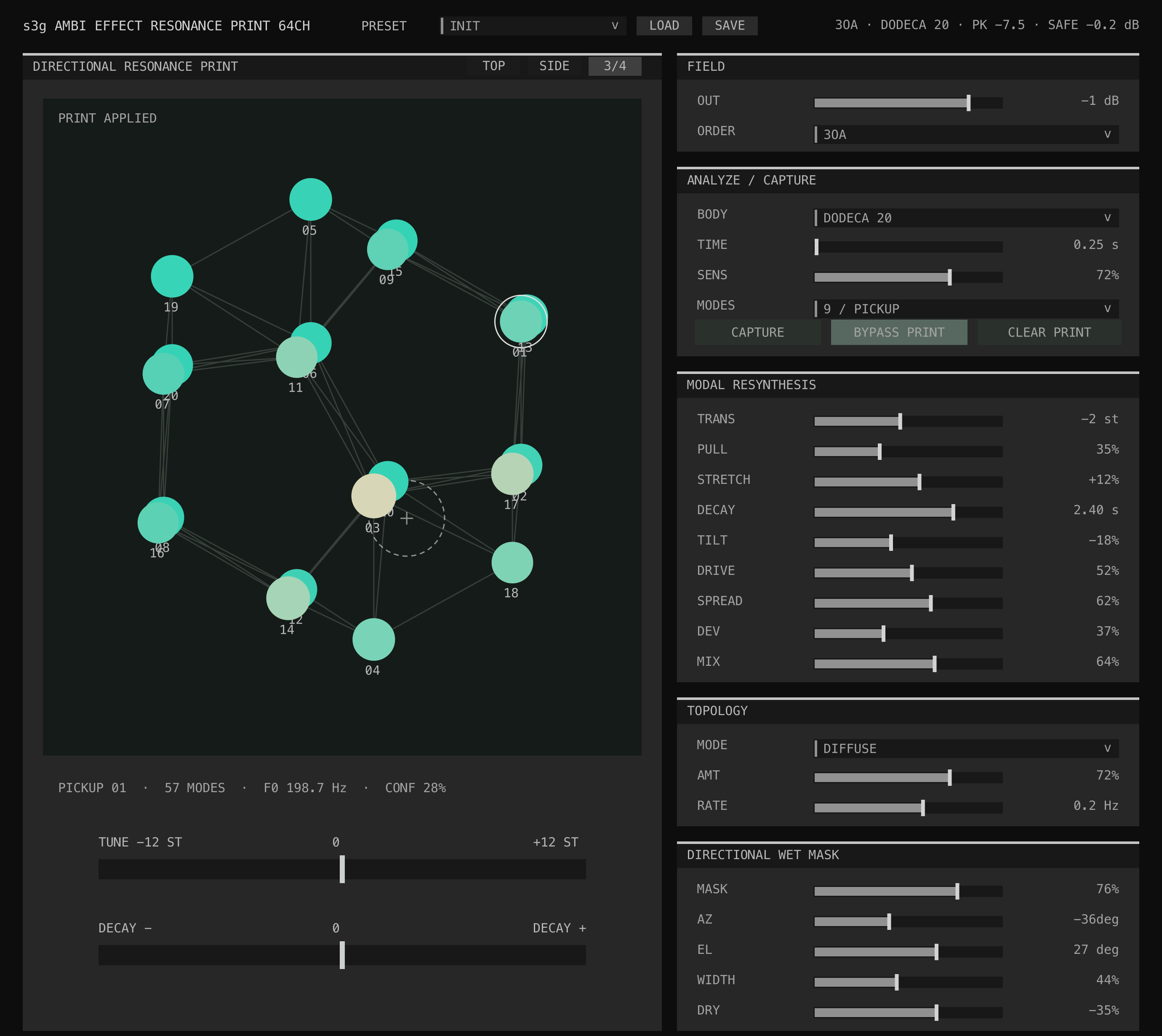 Ambi Effect Resonance Print interface showing an applied captured modal body, directional pickups, analysis controls, and resynthesis field