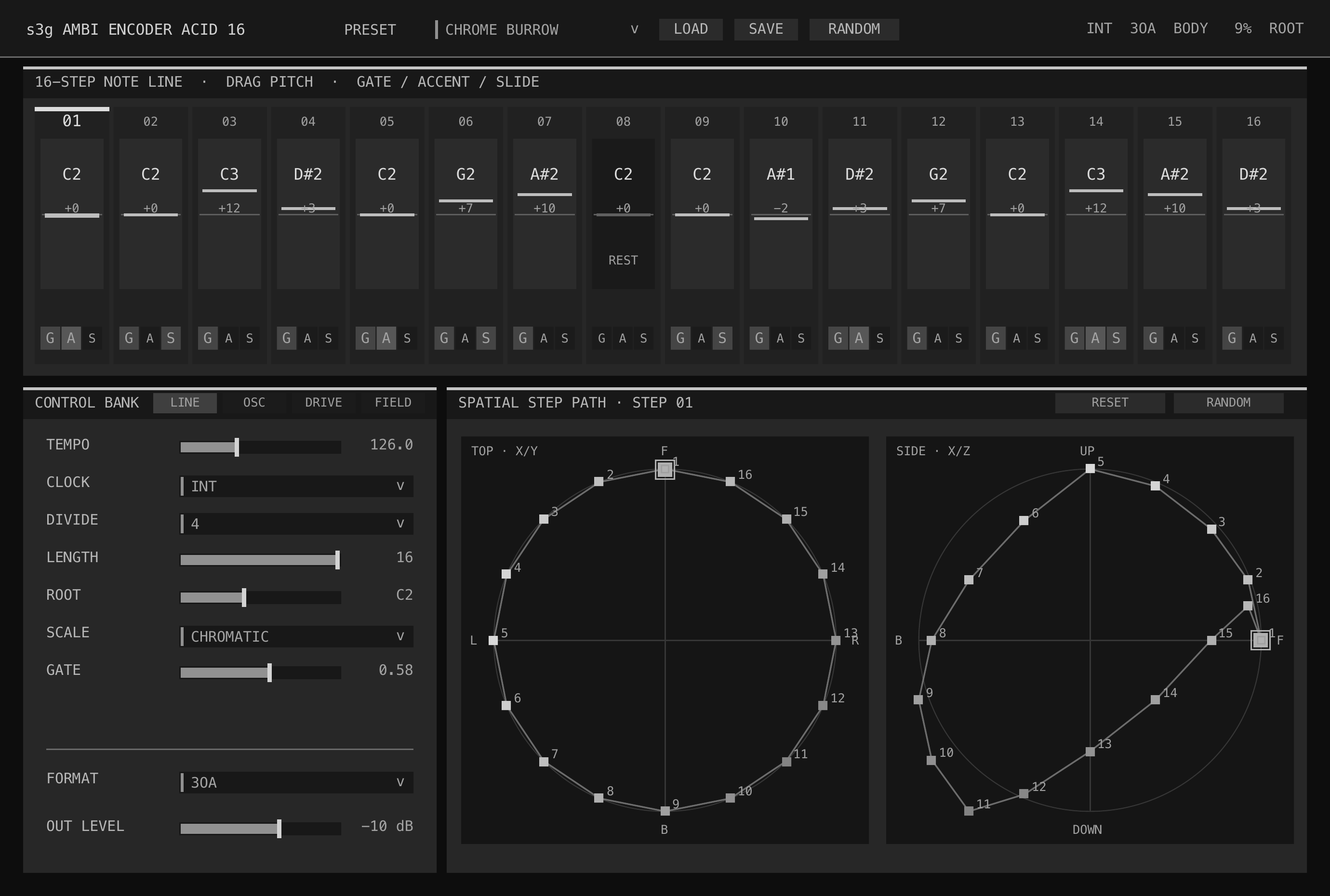 Ambi Encoder Acid GUI showing the sixteen-step note line, line, oscillator, drive, field, and dual-view spatial path controls
