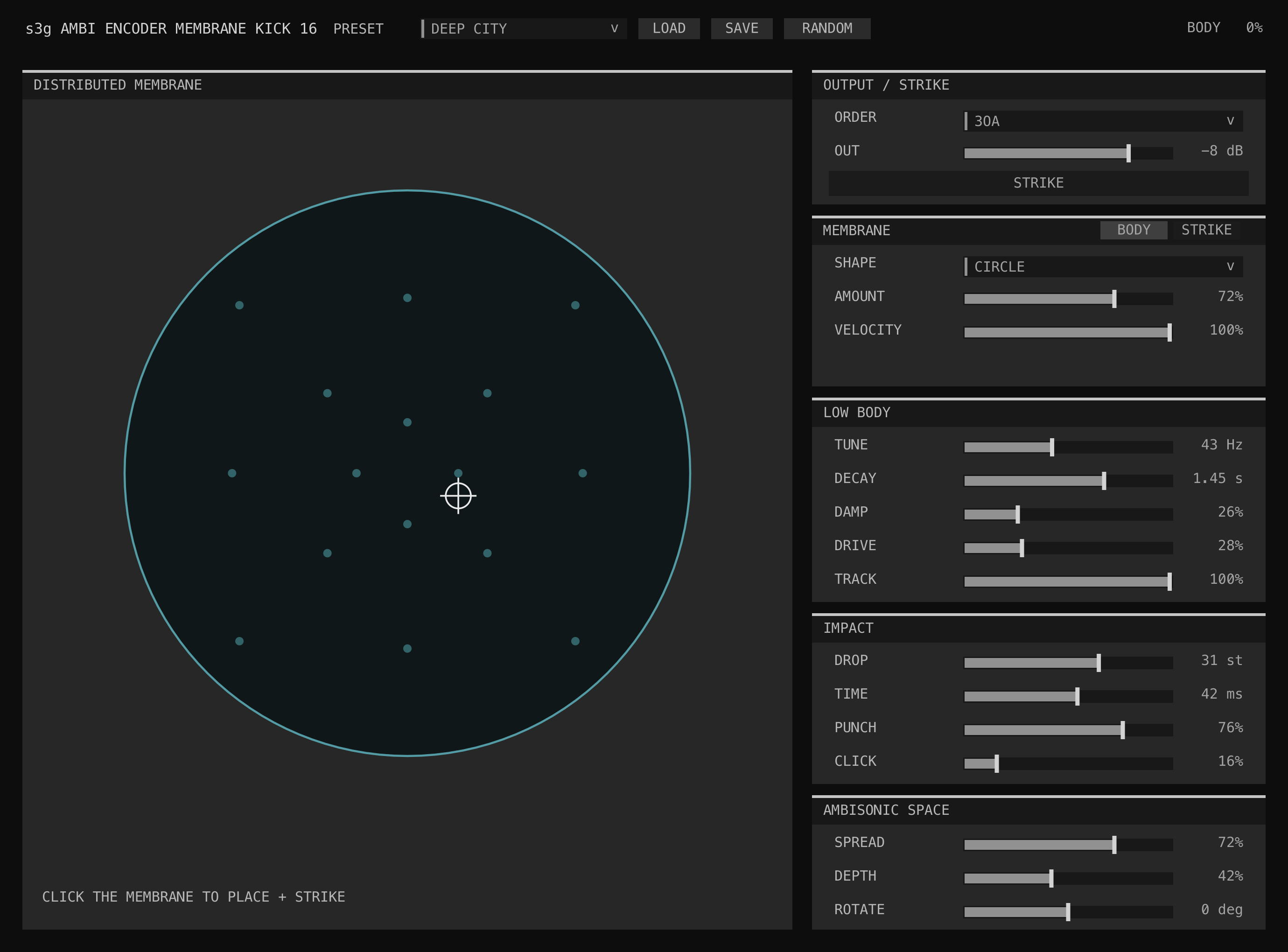 Ambi Encoder Membrane Kick GUI showing the distributed membrane, strike position, output, membrane body, low-body, impact, and ambisonic-space controls