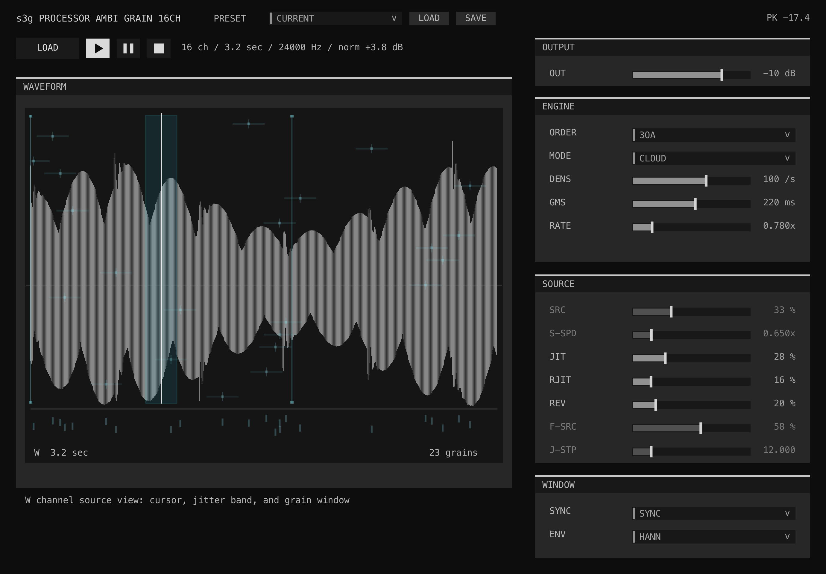 Processor Ambi Grain interface showing the loaded-field display, grain controls, transport, and ambisonic routing