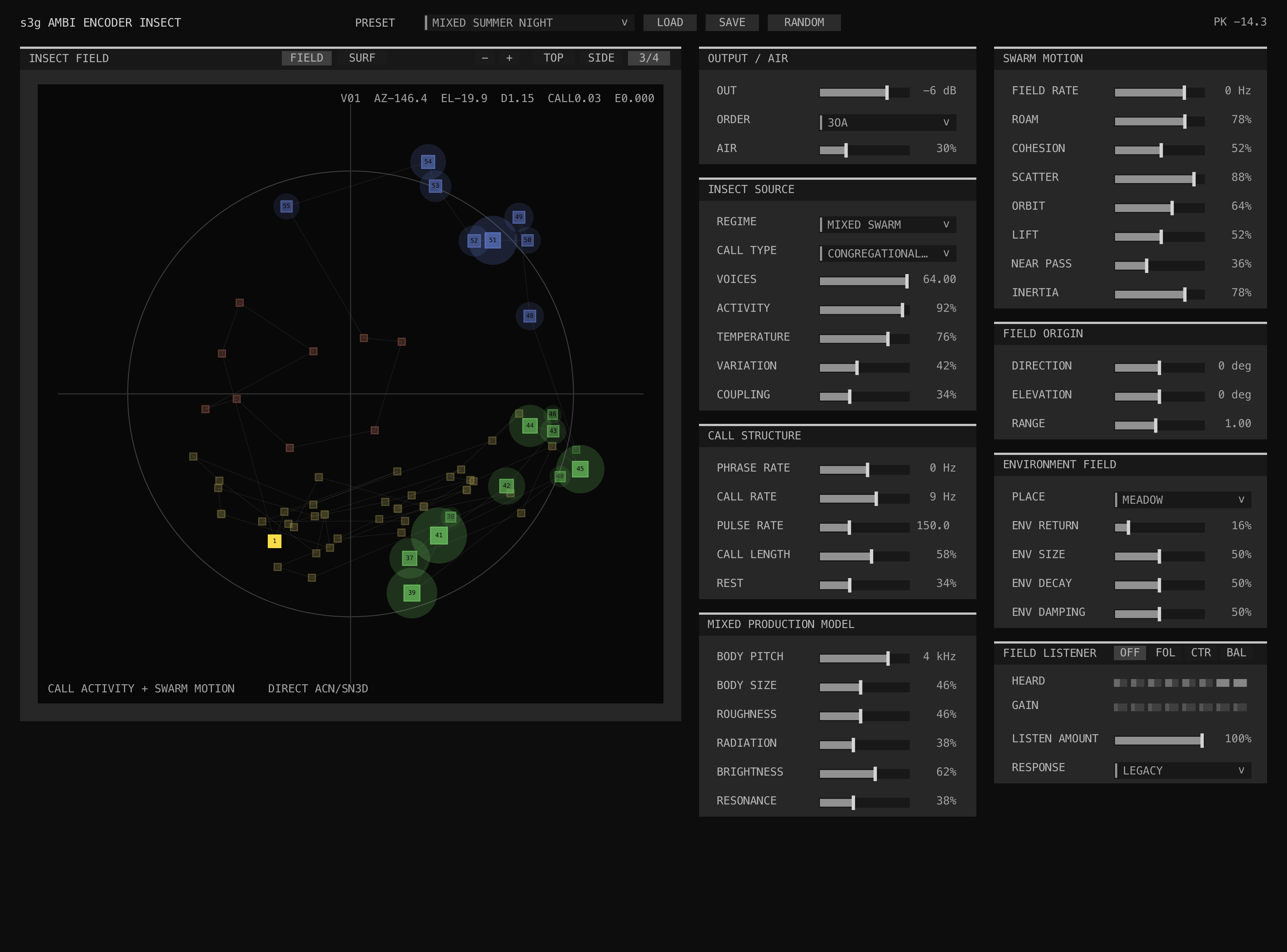 Ambi Encoder Insect Mixed Summer Night preset showing a dynamic 64-voice multistrata swarm