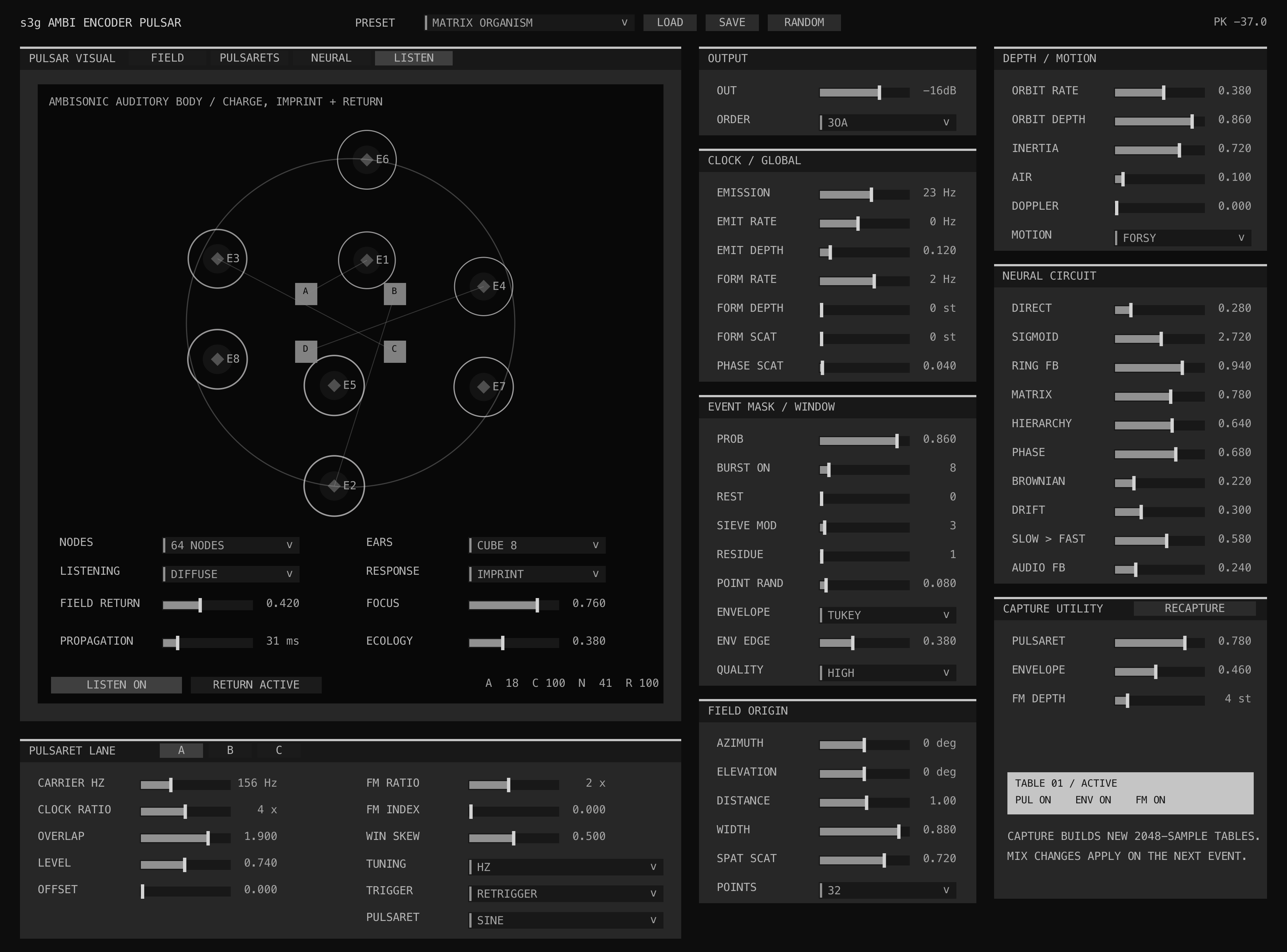 Ambi Encoder Pulsar LISTEN view showing the eight-ear auditory body, active route, response state, and listening controls