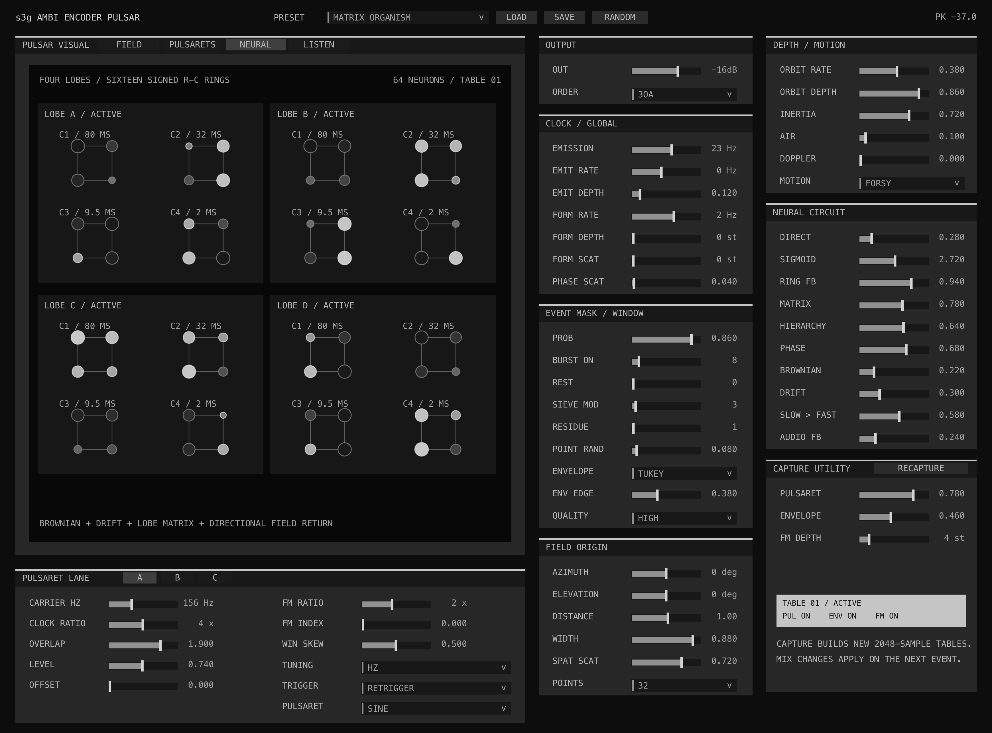 Ambi Encoder Pulsar NEURAL view showing four active sixteen-node lobes and their recurrent ring activity
