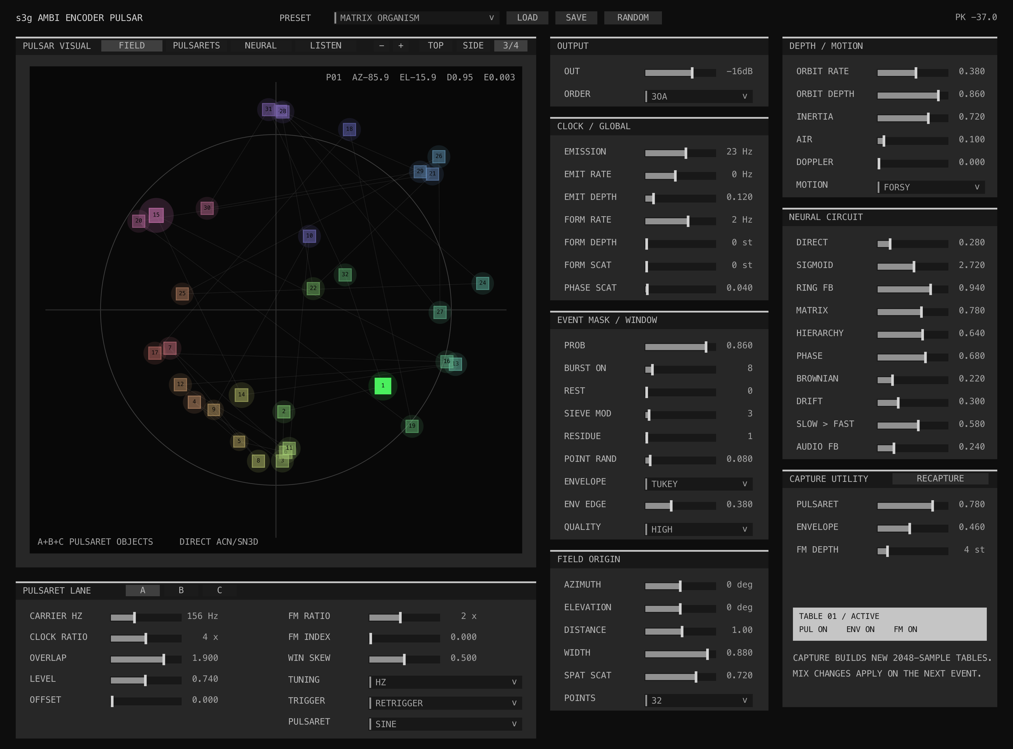 Ambi Encoder Pulsar Matrix Organism preset showing a dynamic 32-point FORSY field