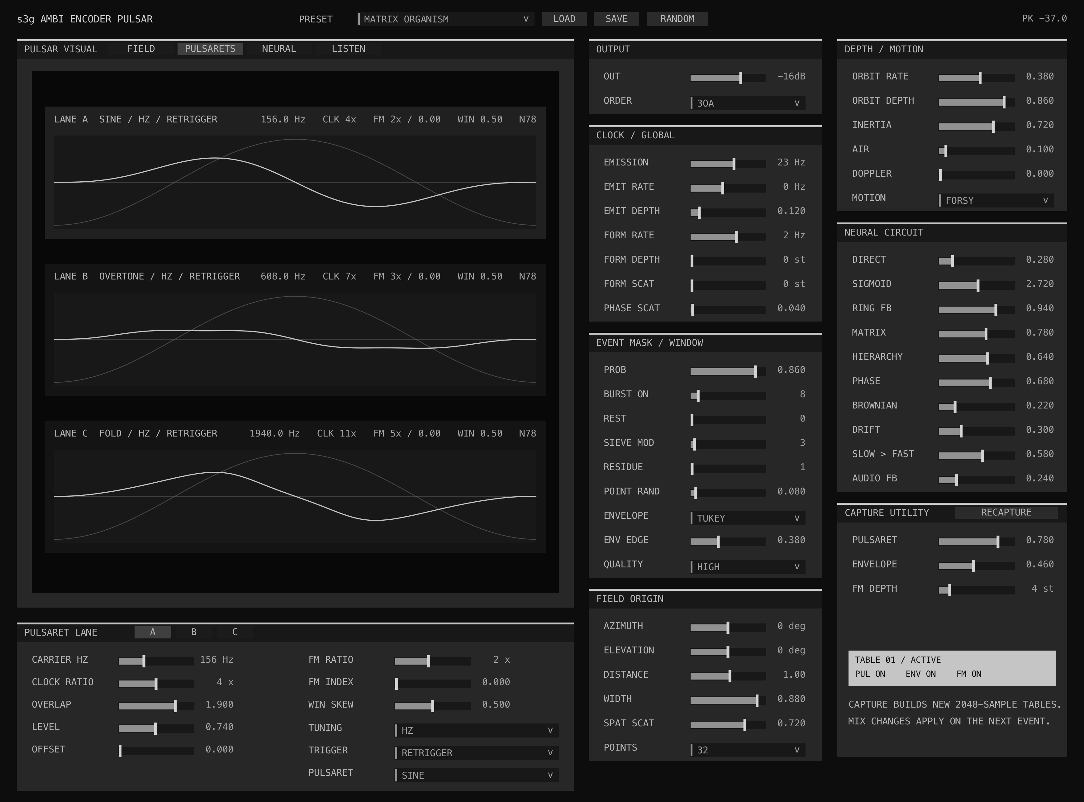 Ambi Encoder Pulsar PULSARETS view showing the active waveform, envelope, and FM trace for all three lanes