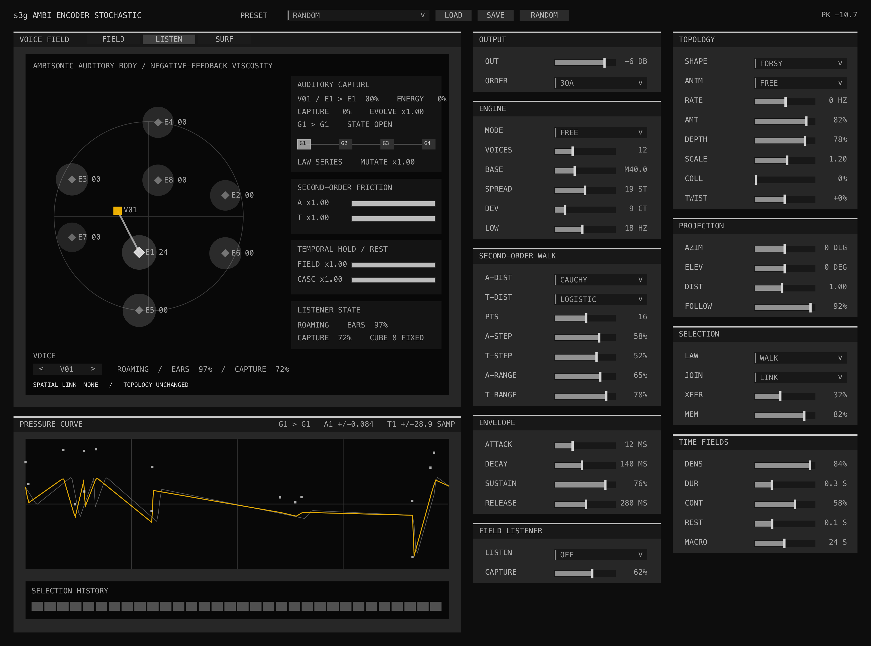 Ambi Encoder Stochastic LISTEN view showing eight virtual microphones, a roaming selected-voice route, and effective capture rates