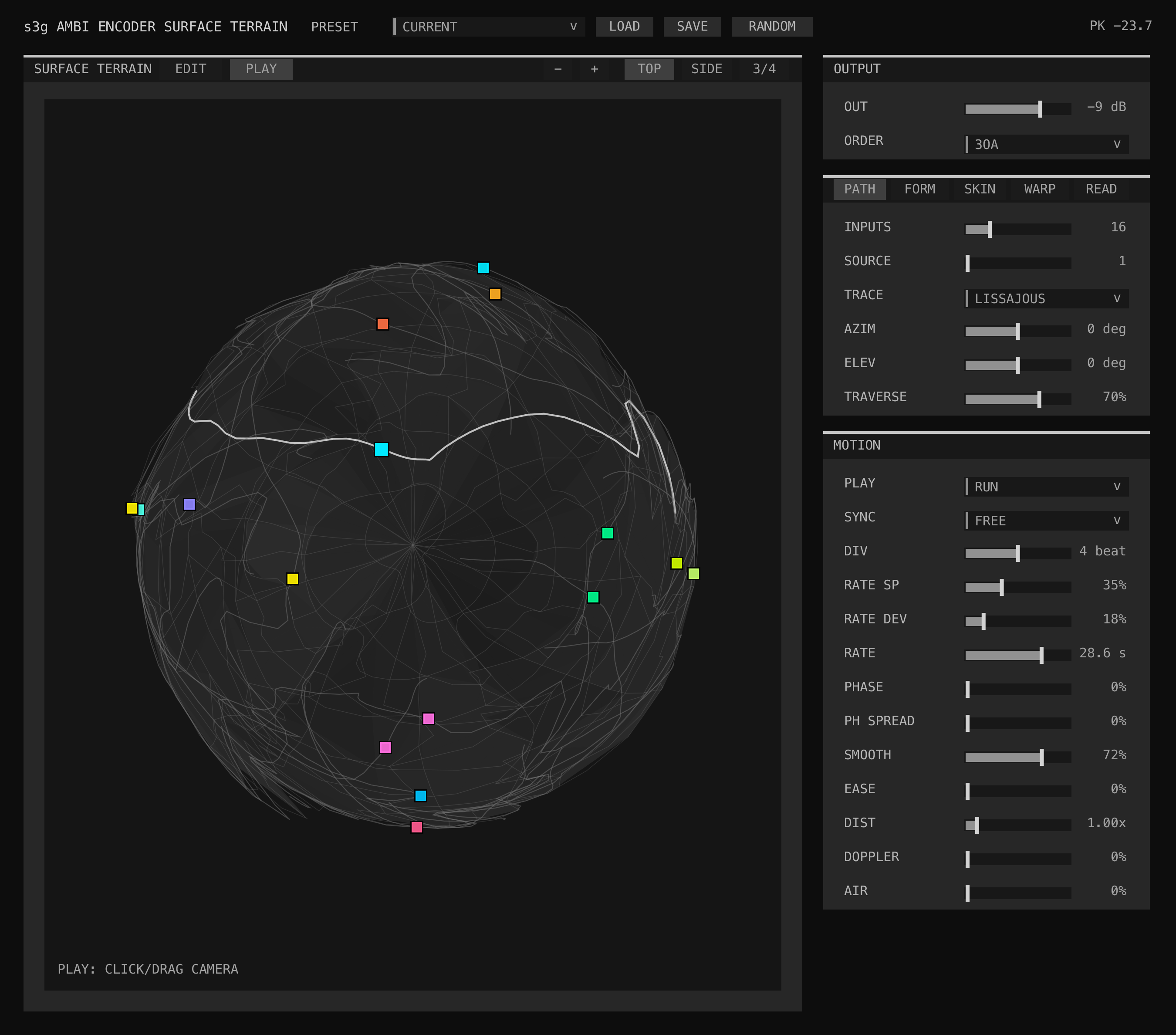 Ambi Encoder Surface Terrain GUI showing nested terrain geometry, source-lane positions, traversal controls, and camera