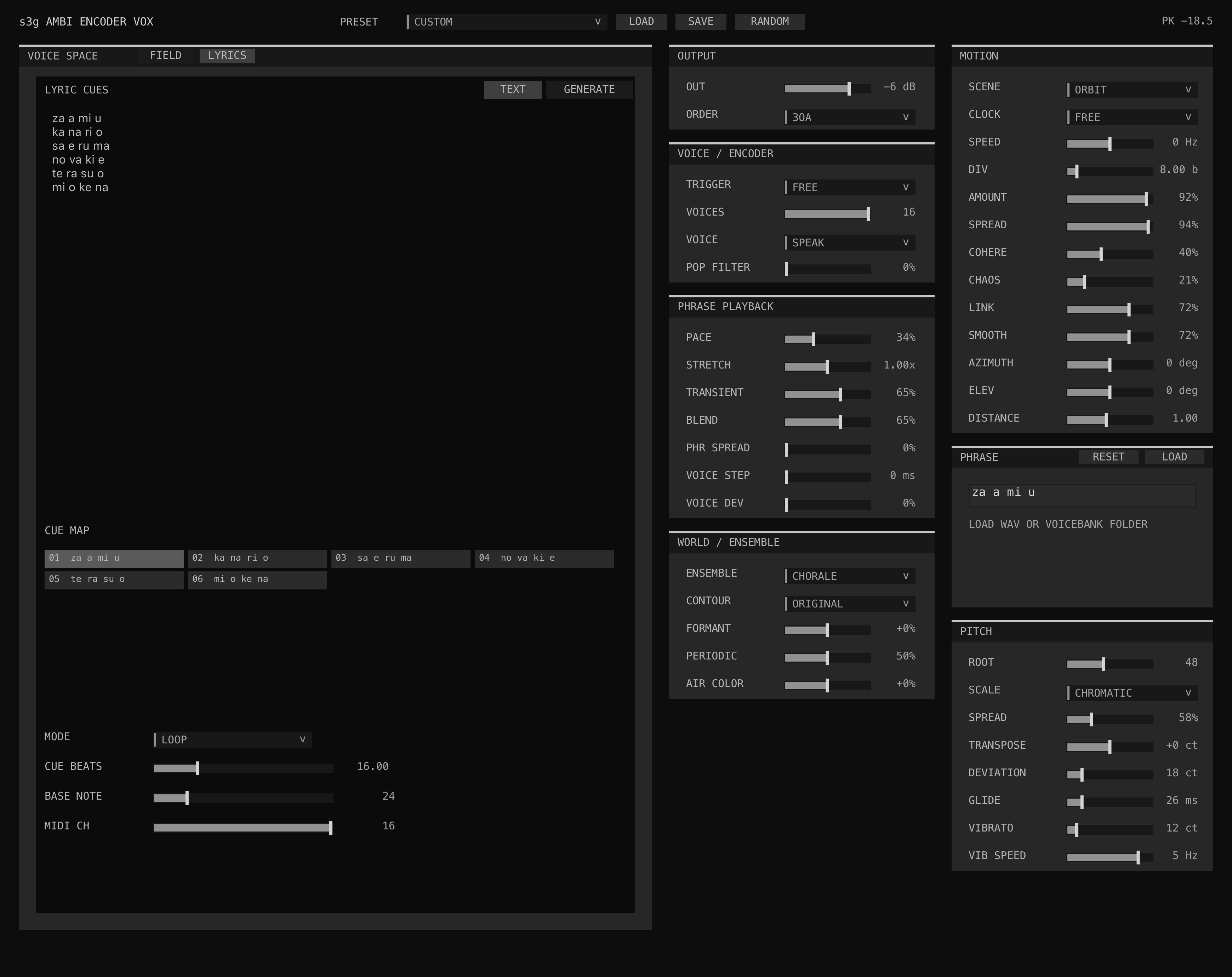 Ambi Encoder Vox LYRICS view showing white lyric text on the black editor field, a six-cue sheet, cue map, and voice controls