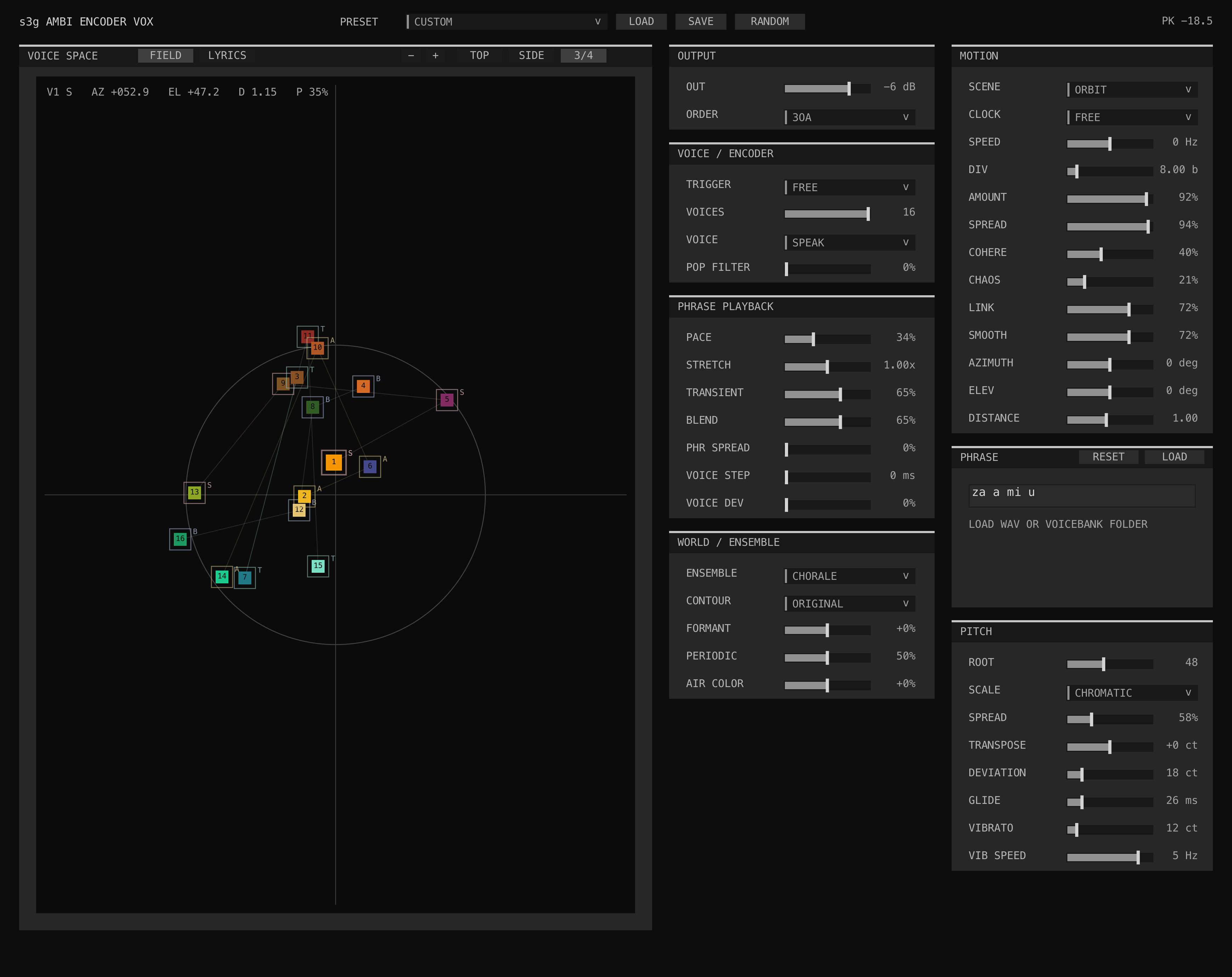 Ambi Encoder Vox GUI showing phrase source, voicebank and WORLD controls, ensemble field, motion, and ambisonic output