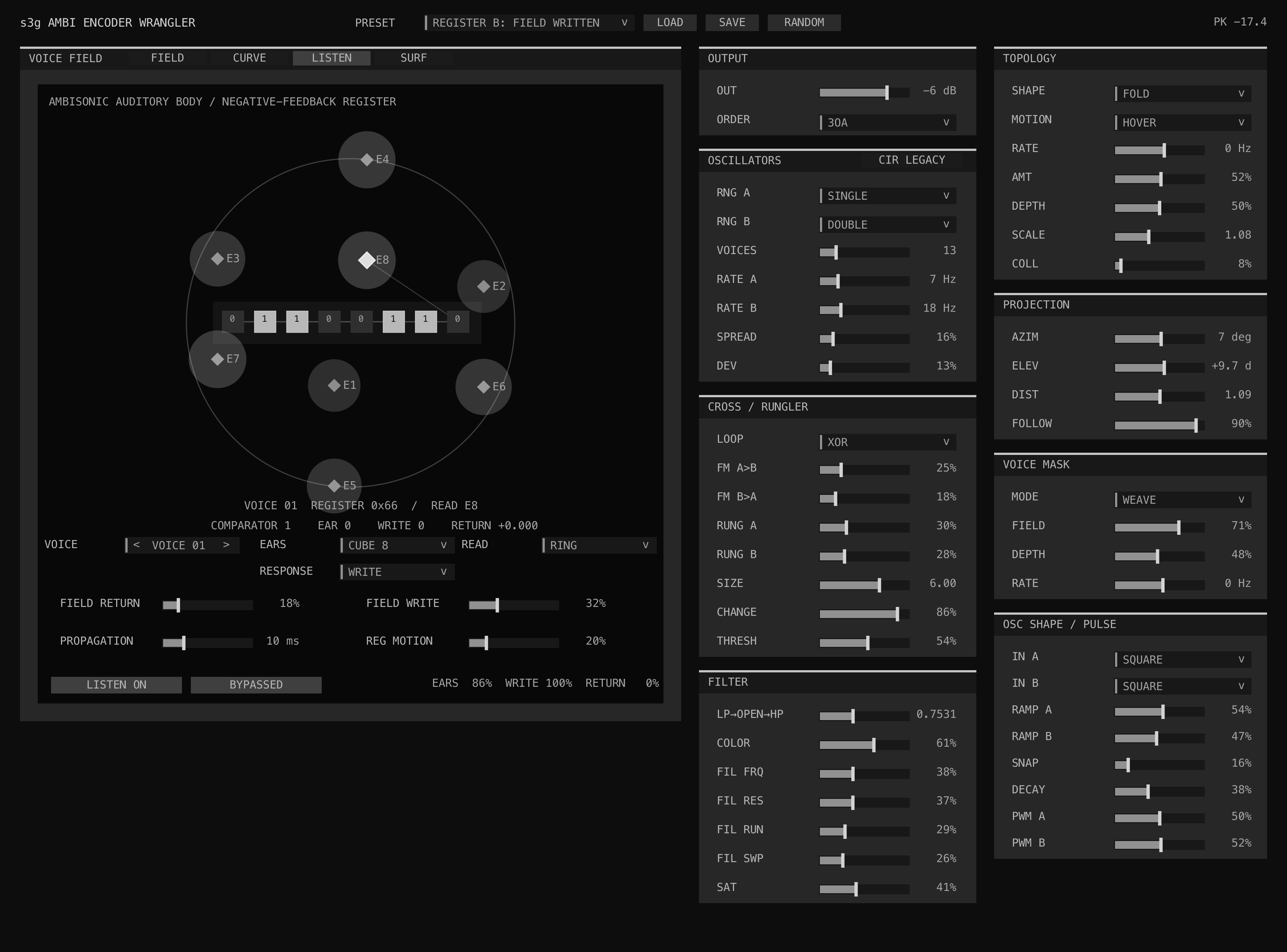 Ambi Encoder Wrangler LISTEN view showing the eight-ear aperture, per-voice route, register write state, and listening controls
