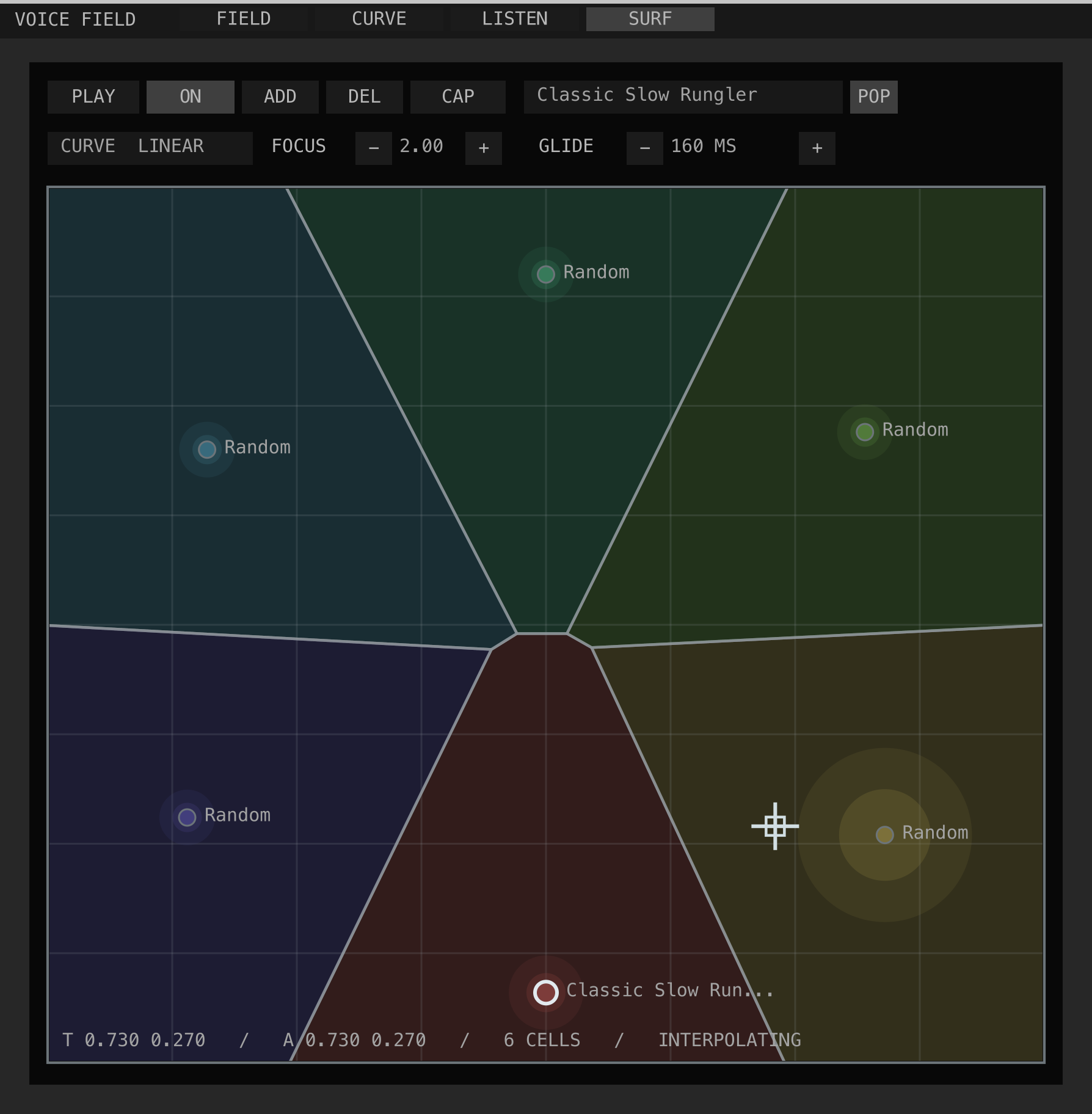 Detached Ambi Encoder Wrangler SURF panel with six cells in a ring-like Voronoi layout and the performance cursor