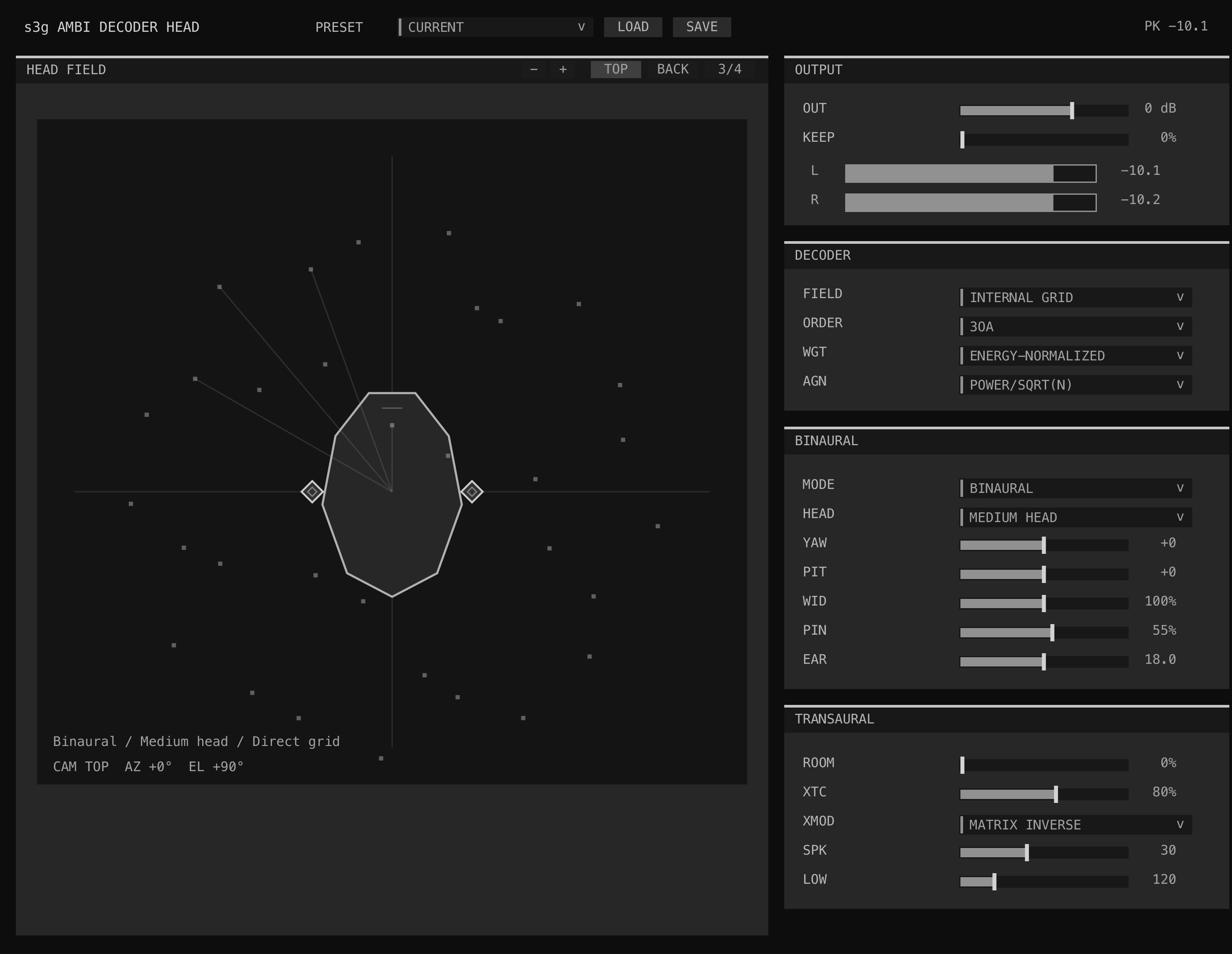 Ambi Decoder Head interface showing listener orientation, the synthetic head model, and active left and right binaural output meters