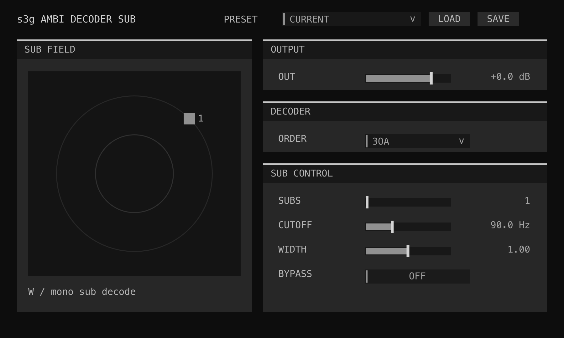 Ambi Decoder Sub interface showing the single-sub field, 3OA input setting, output gain, one active sub, 90 Hz cutoff, direction width, and bypass control