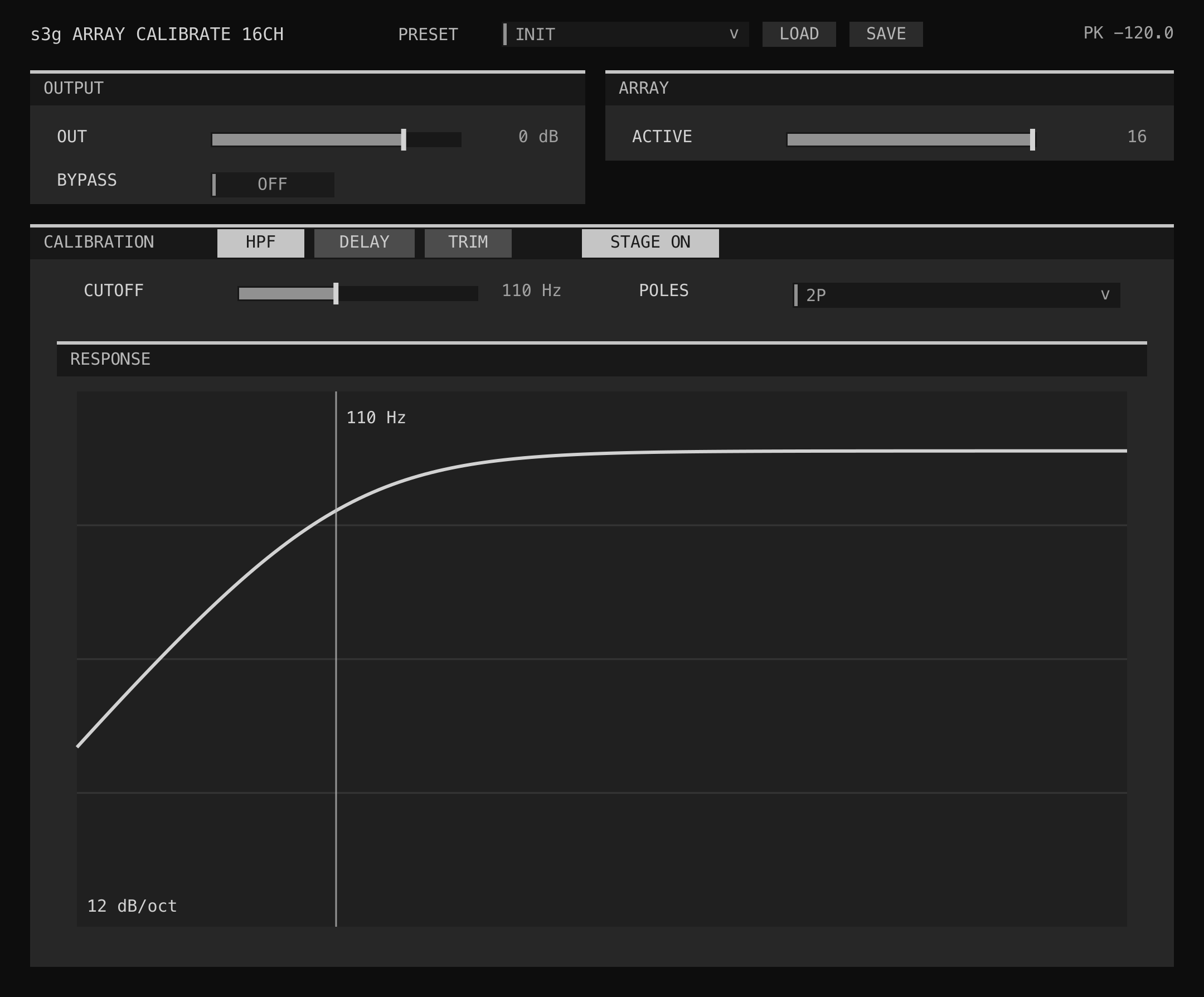 Array Calibrate 16 showing its HPF response and selectable HPF, delay, and trim stages