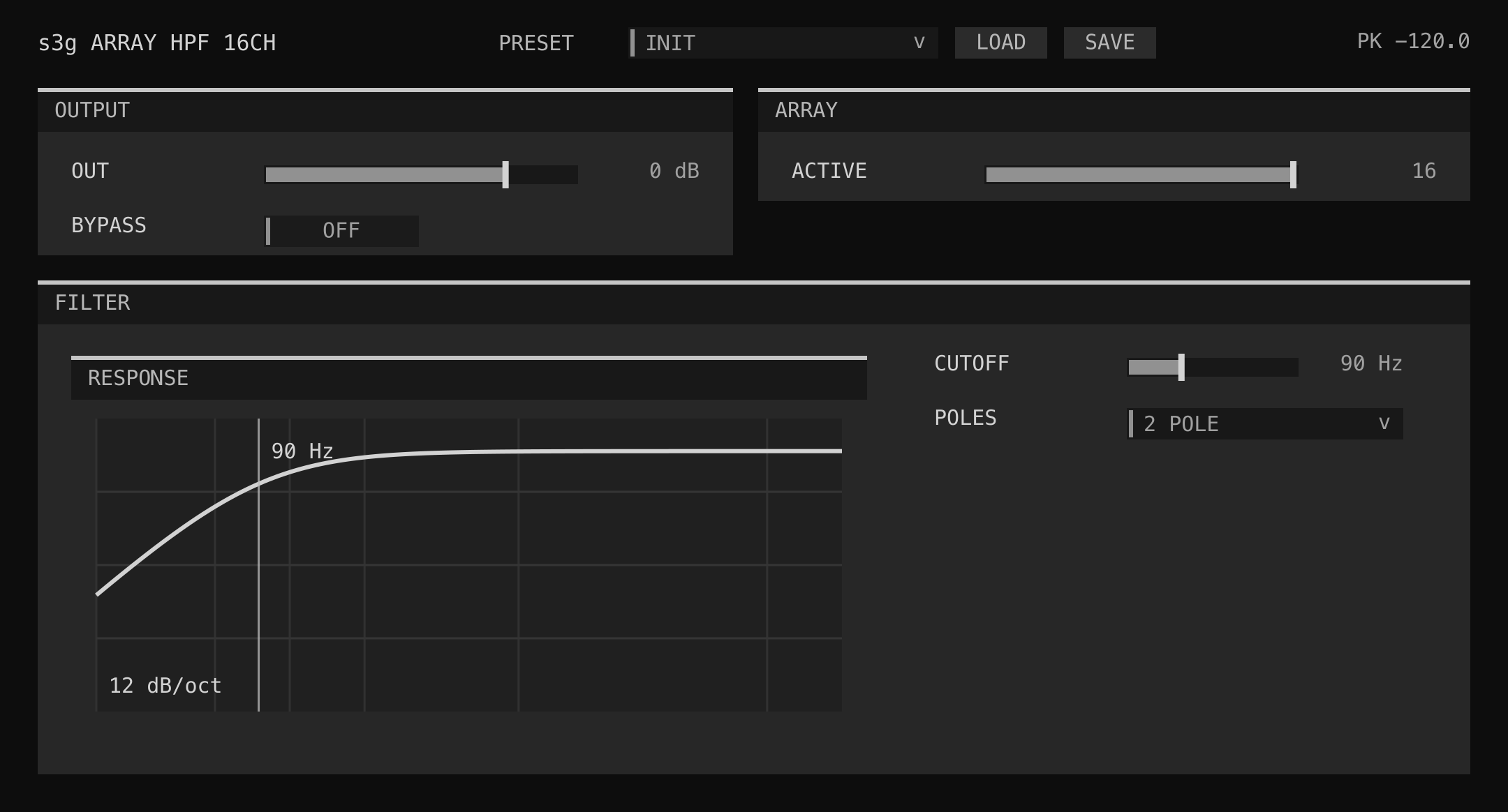 Array HPF 16 per-speaker high-pass controls and channel overview