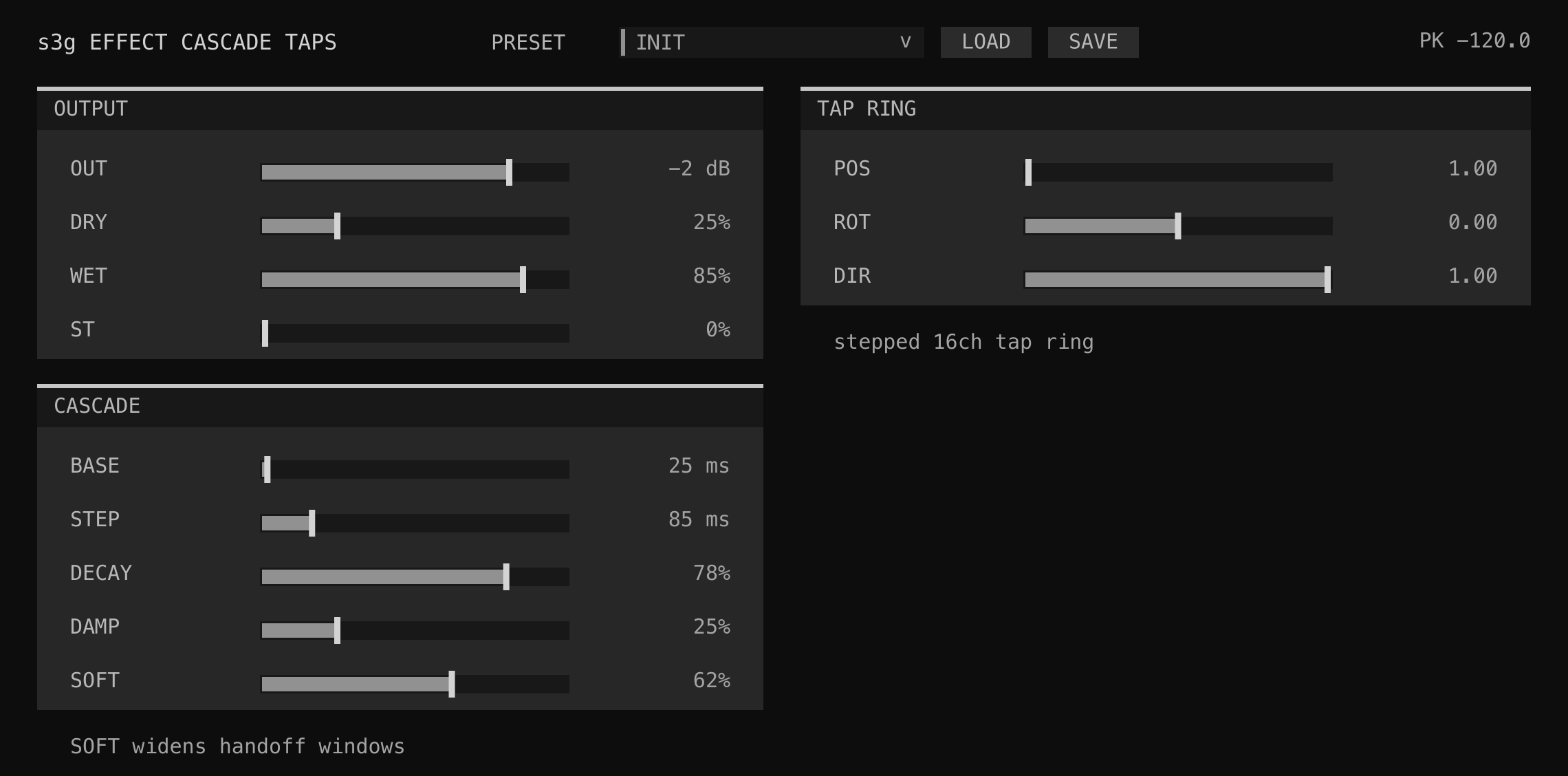 Cascade Taps controls for arranging a stepped tap ring across sixteen output lanes