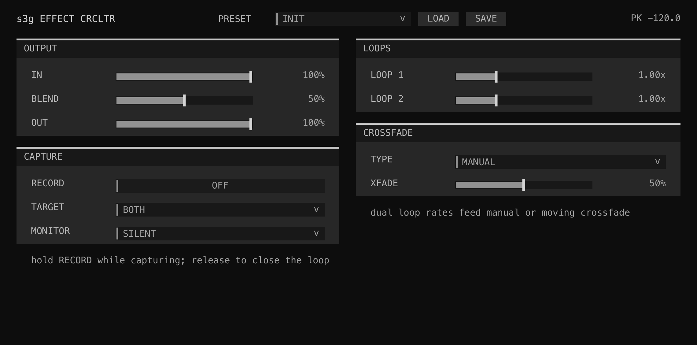 Effect CRCLTR output, capture, dual-loop, and crossfade controls
