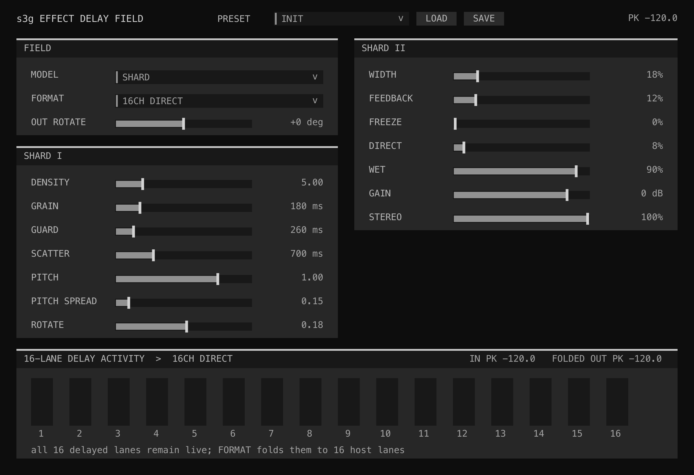 Delay Field model and format menus, Shard parameter panels, and sixteen delayed-lane activity meters