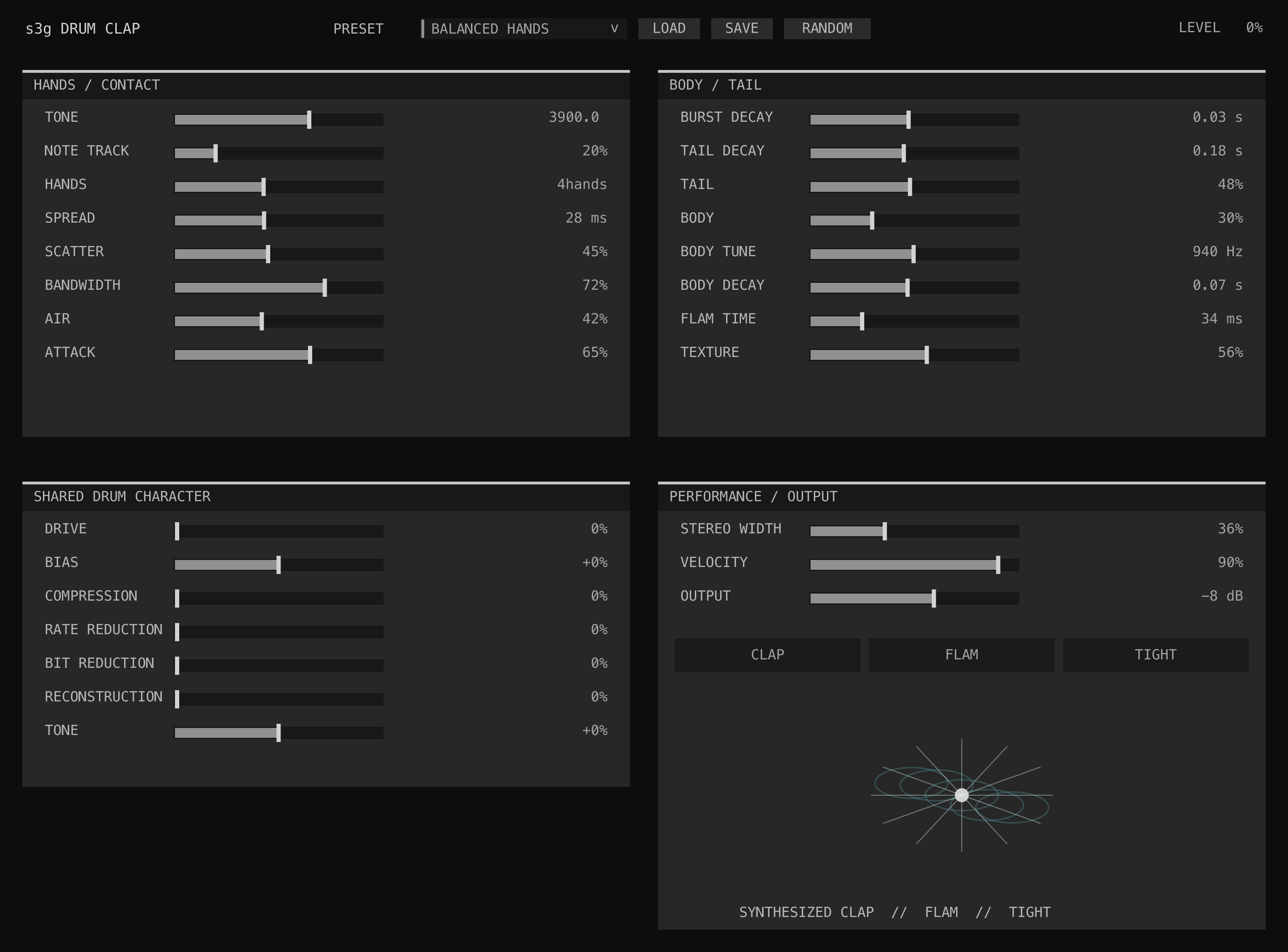 Drum Clap GUI showing hand contacts, body, tail, articulation, character, performance, and output controls