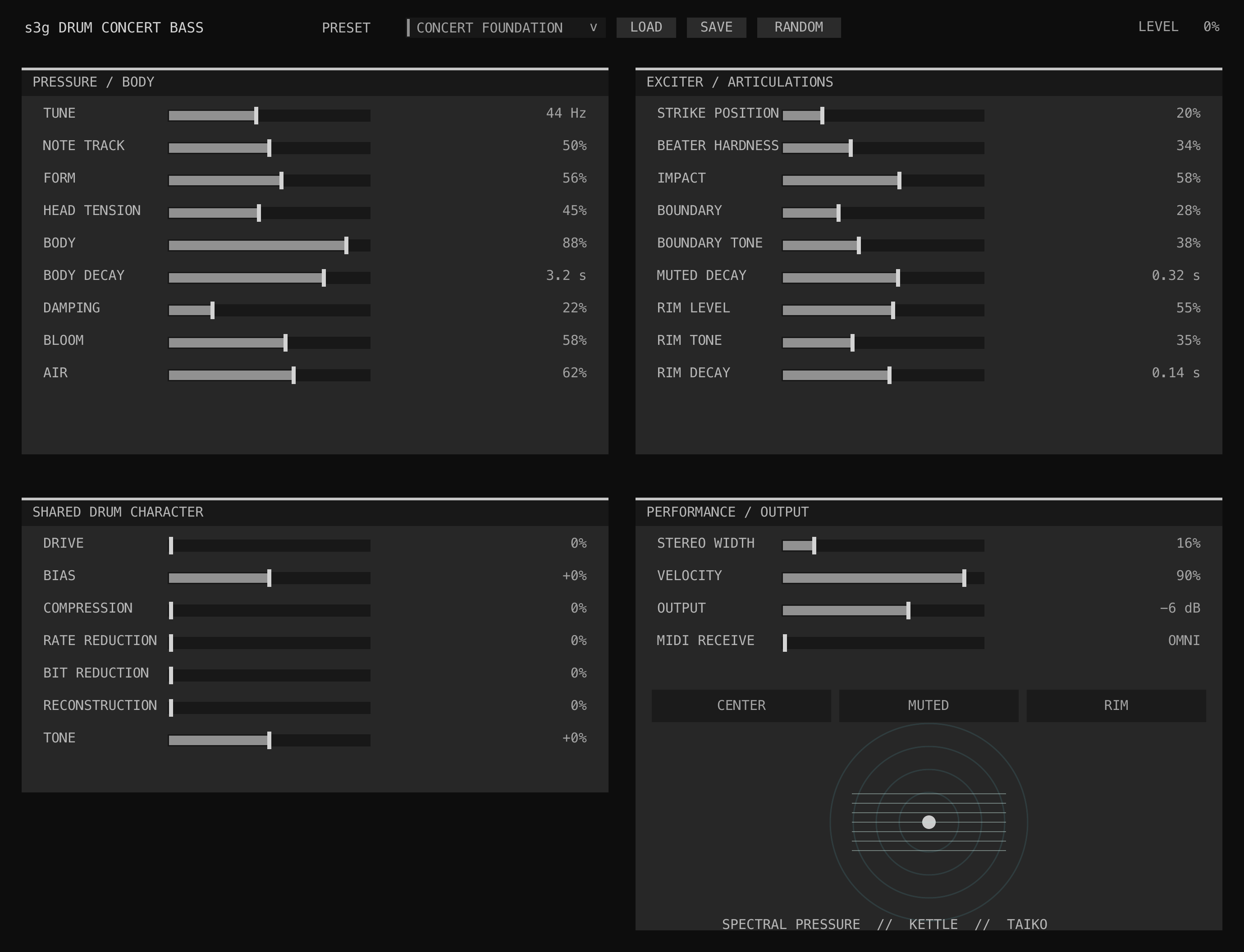 Drum Concert Bass GUI showing form, radiated body, boundary, exciter, articulation, character, performance, and output controls