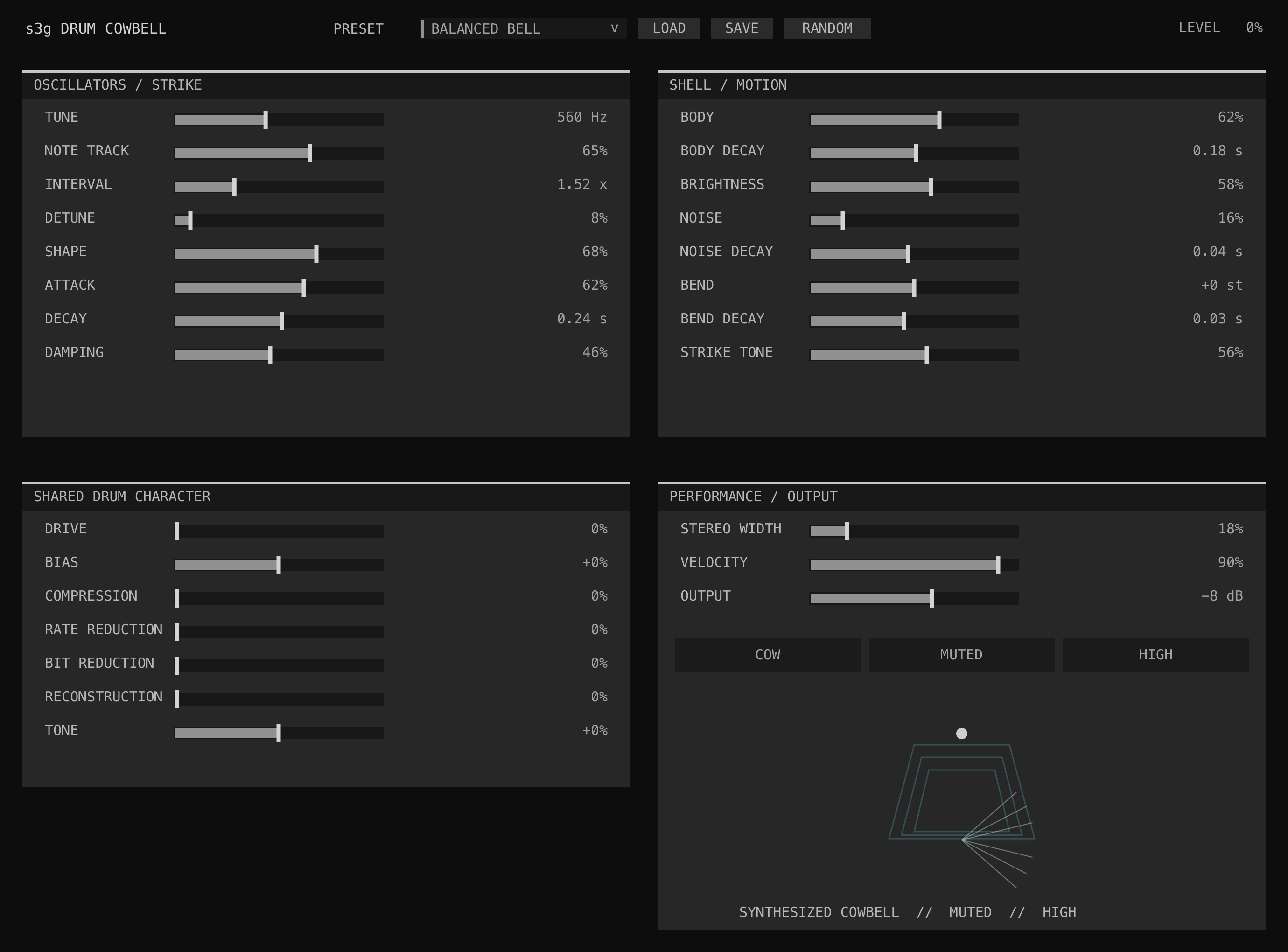 Drum Cowbell GUI showing oscillator, strike, shell, motion, character, performance, and output controls