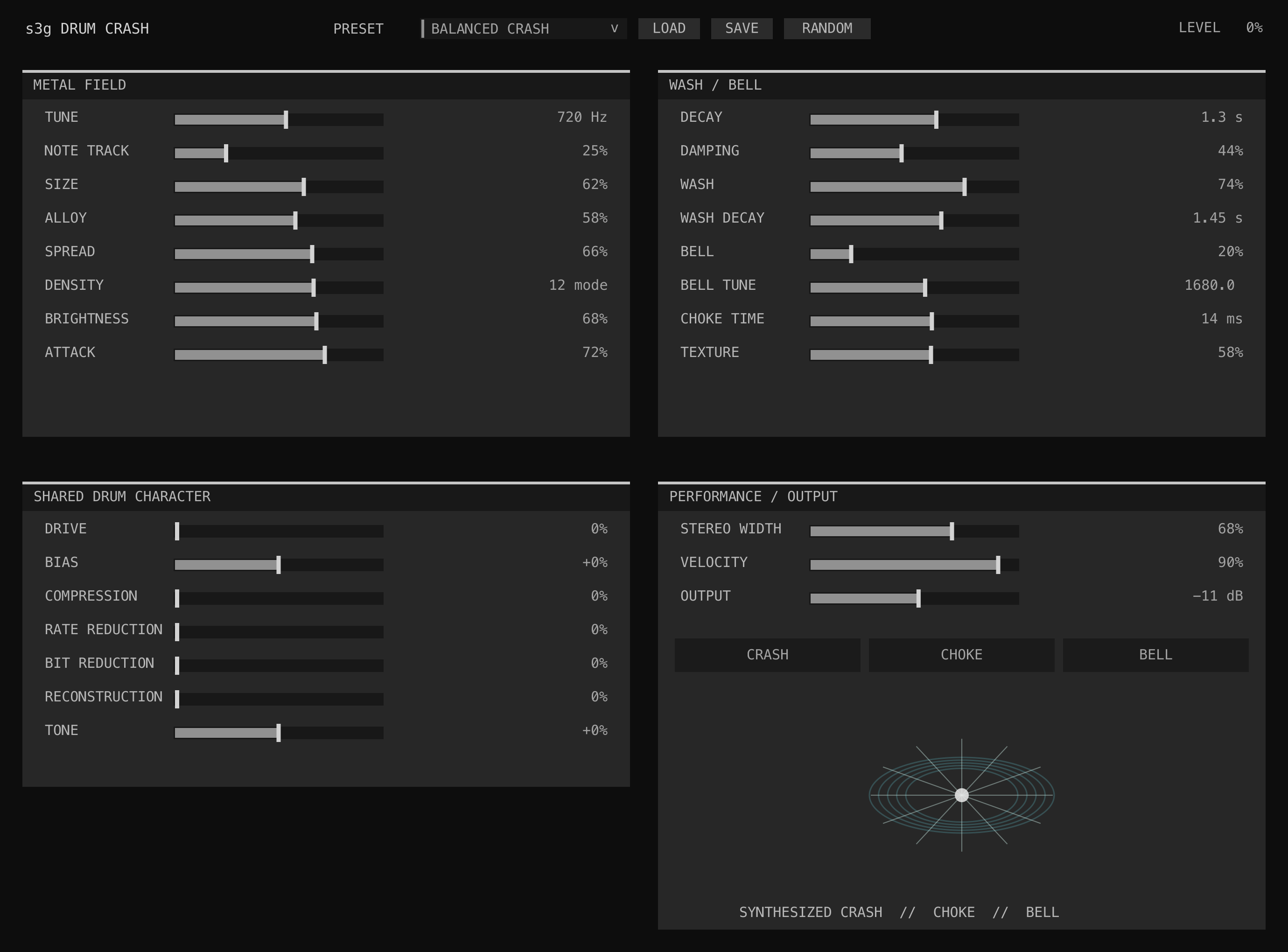 Drum Crash GUI showing metal field, wash, bell, articulation, character, performance, and output controls