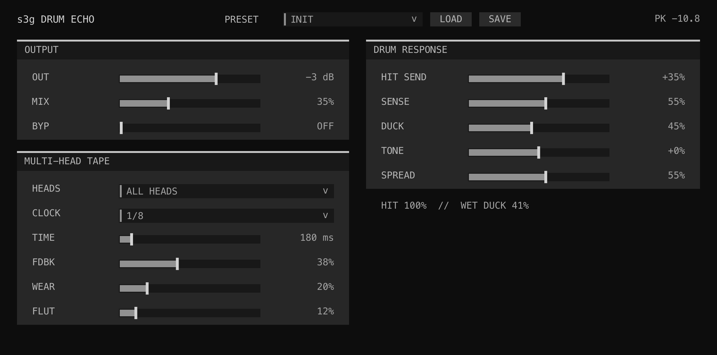 Drum Echo interface processing an active stereo signal, with three-head timing, feedback, tape wear and flutter, transient send and ducking, tone, spread, mix, and live peak, hit, and wet-duck meters