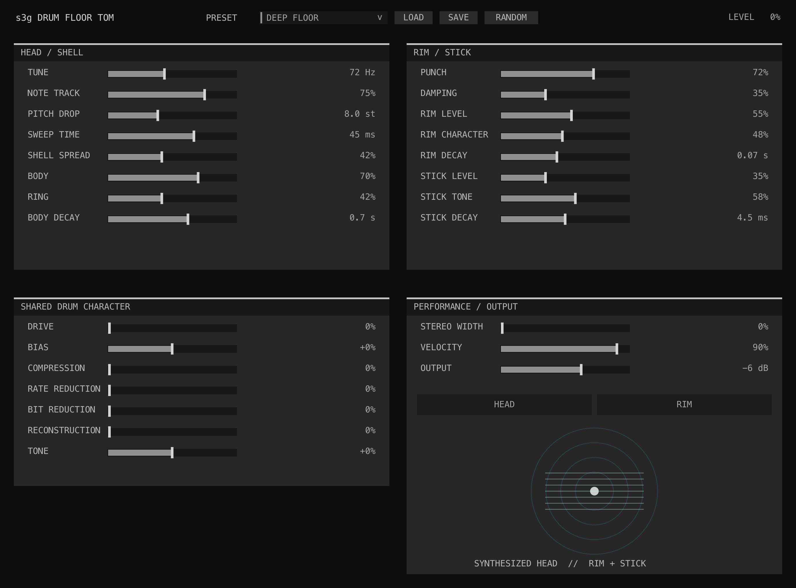 Drum Floor Tom GUI showing head, shell, rim, stick, character, performance, and output controls