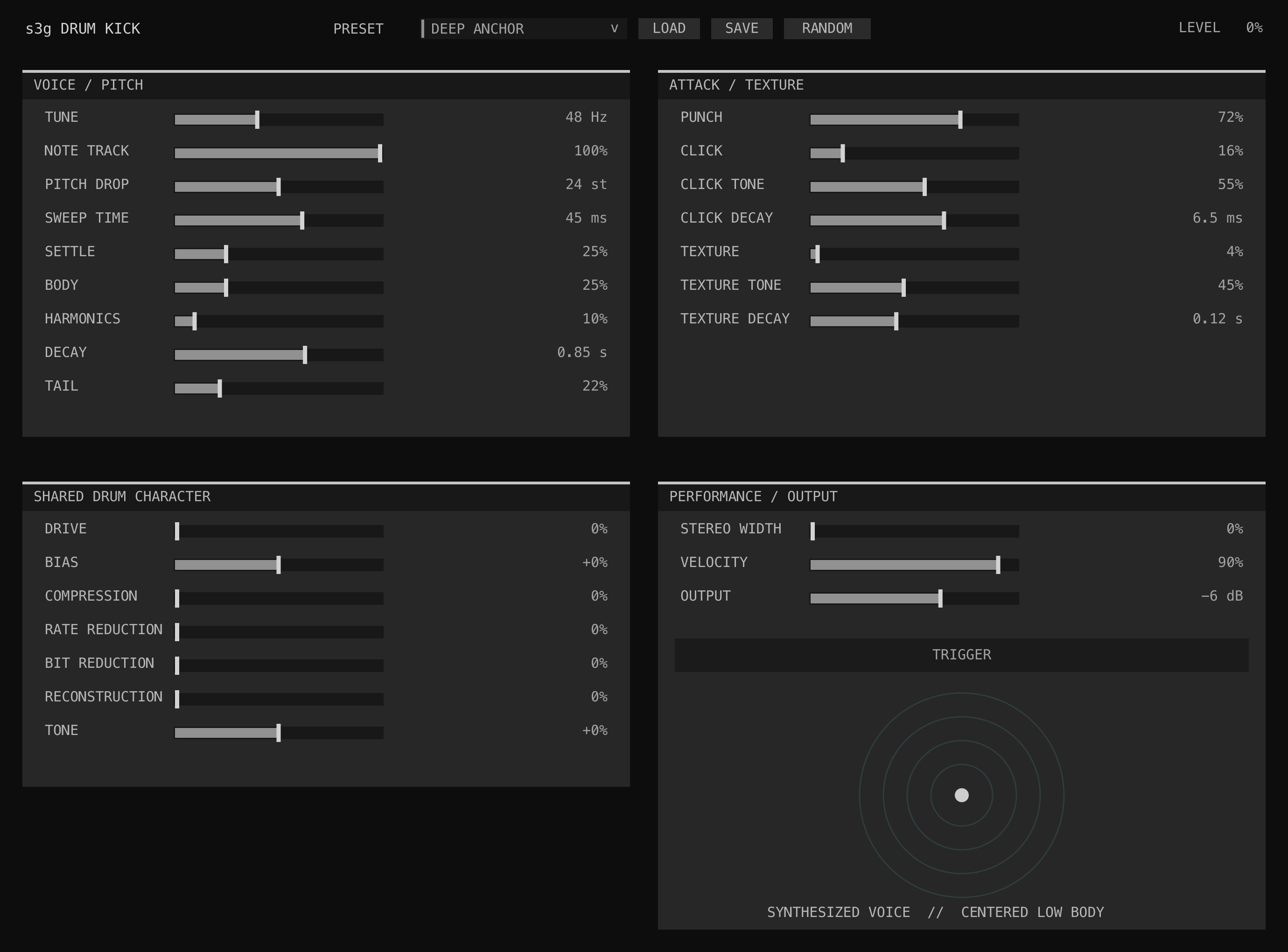 Drum Kick GUI showing voice, pitch, attack, texture, character, performance, and output controls