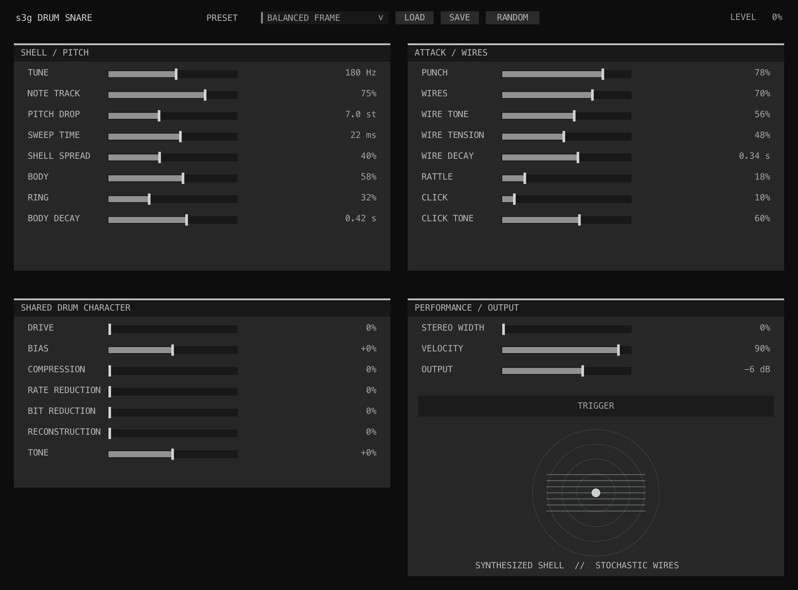 Drum Snare GUI showing shell, pitch, attack, wire, character, performance, and output controls