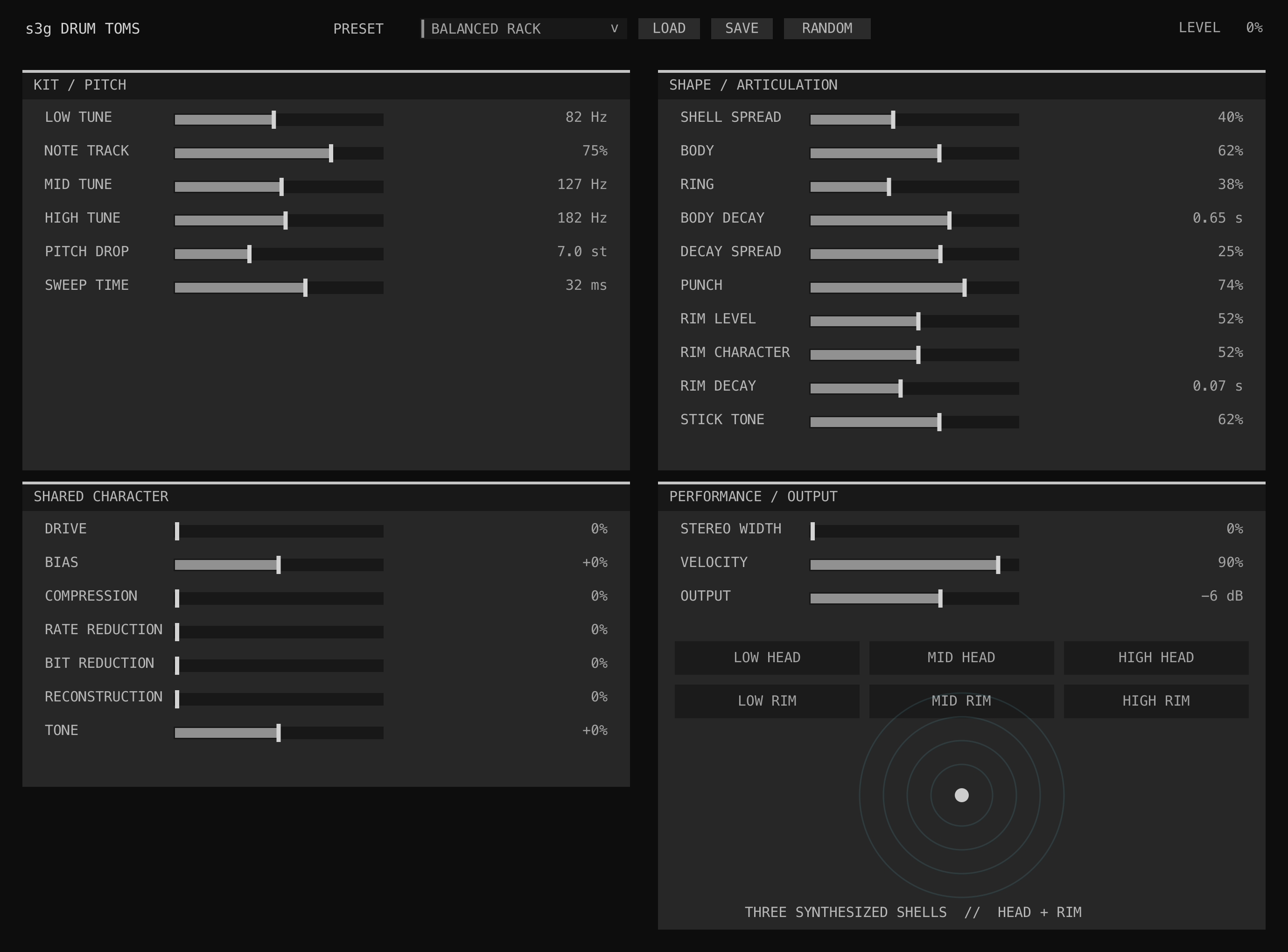 Drum Toms GUI showing low, mid, and high tuning, shared shape, articulation, character, performance, and output controls