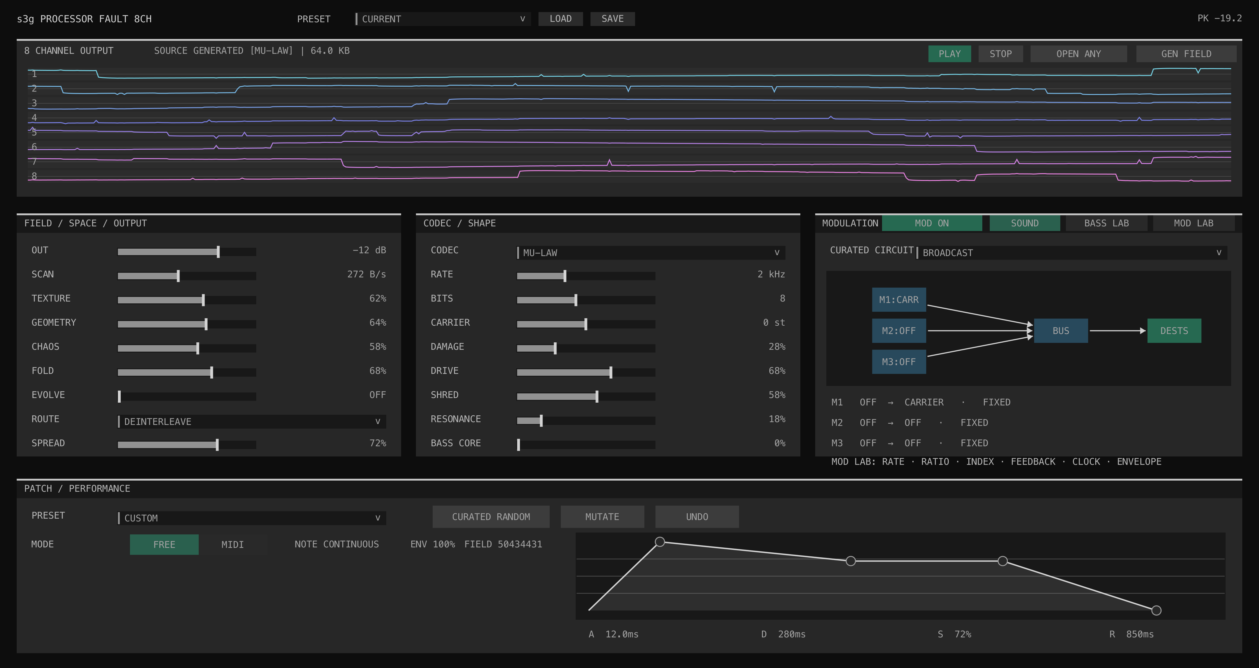 Processor Fault actively generating audio with eight distinct waveforms above its byte-field, codec, bass, modulation, and output controls