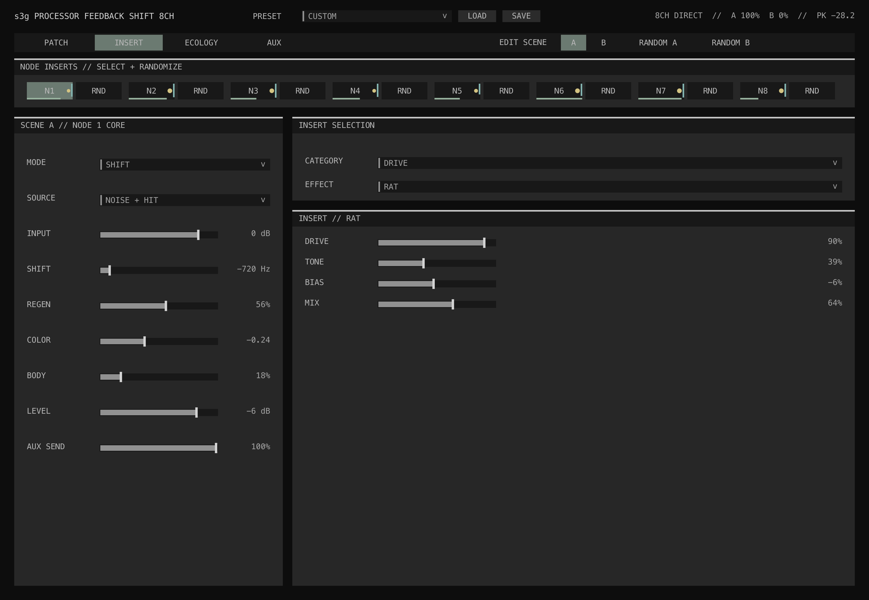 Processor Feedback Shift Insert page with evenly spaced node-core controls, per-node random buttons, insert category and effect selection, and contextual effect parameters