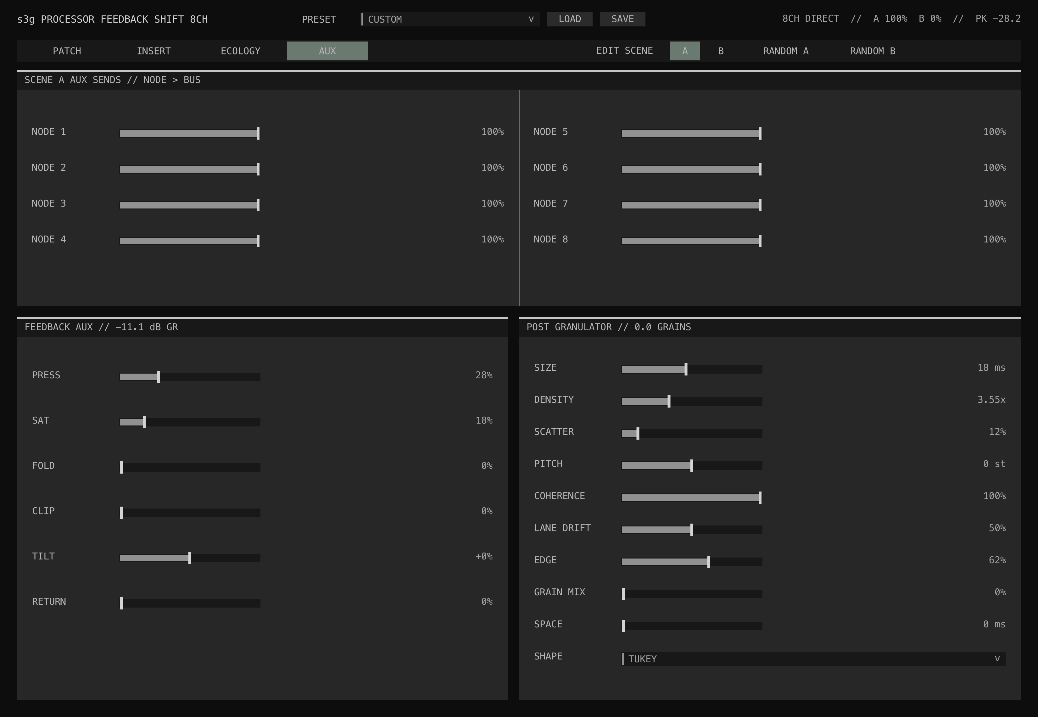 Processor Feedback Shift Aux page showing eight node sends, the feedback-bus processor, and post-network granulator