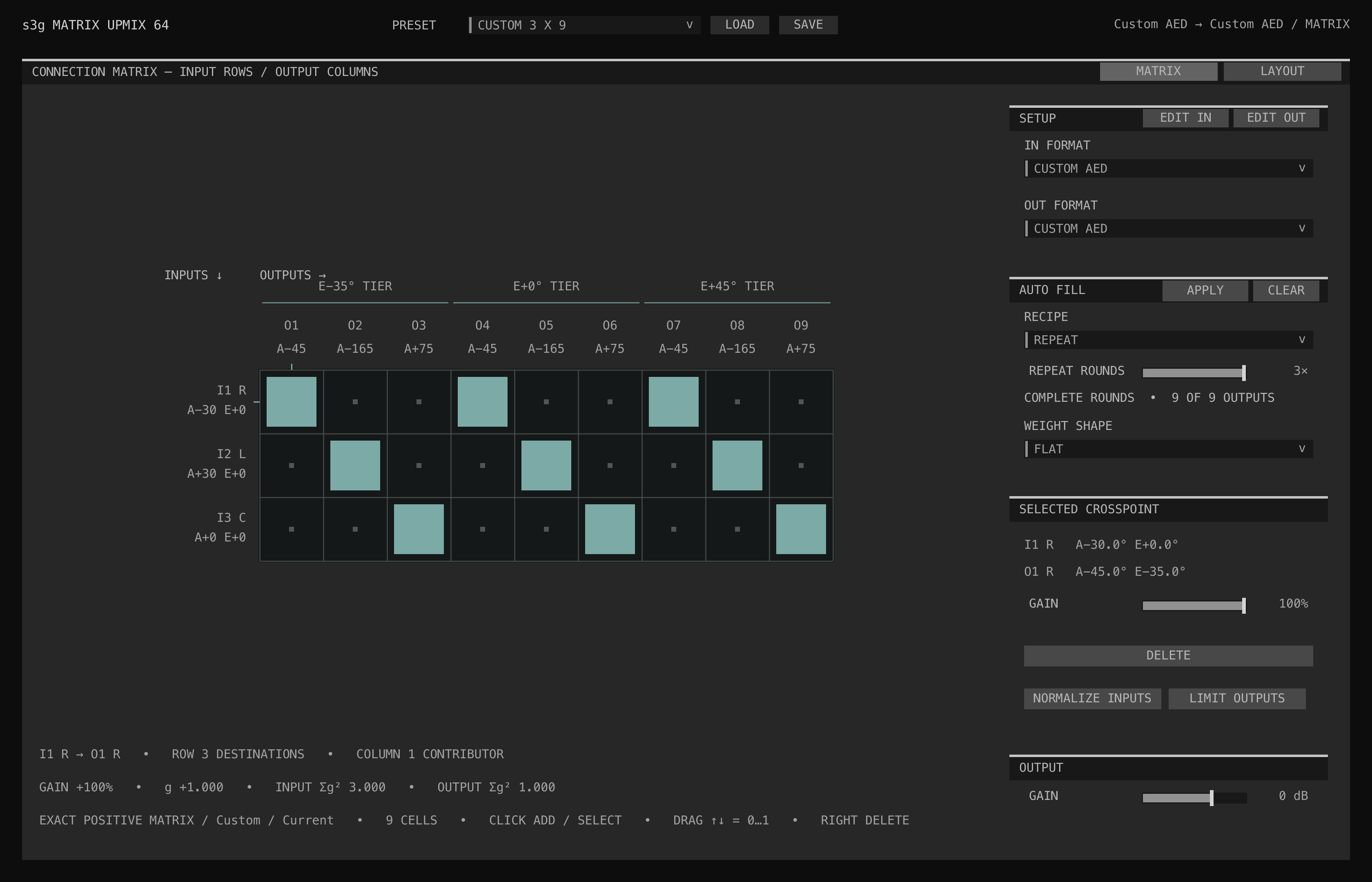 Matrix Upmix exact positive input by output matrix with setup, auto fill, selected crosspoint, and output controls