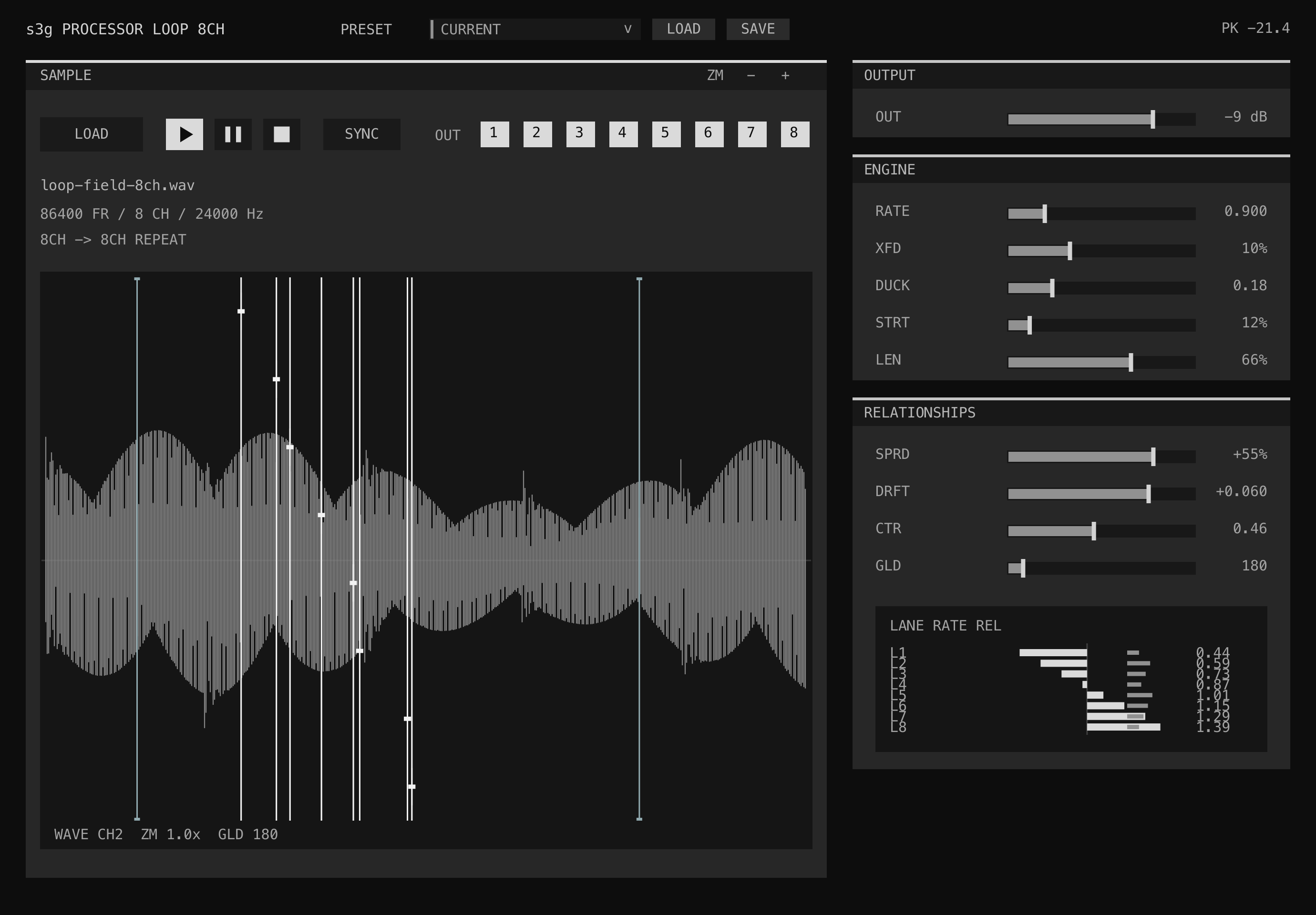 Processor Loop transport controls, waveform display, loop markers, lane playheads, and relationship controls