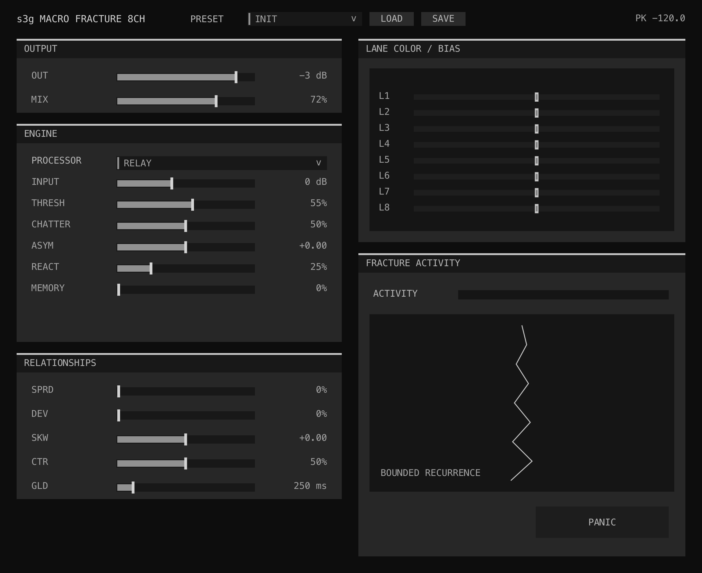 Macro Fracture 8ch processor menu, contextual controls, lane relationships, and bounded recurrence activity