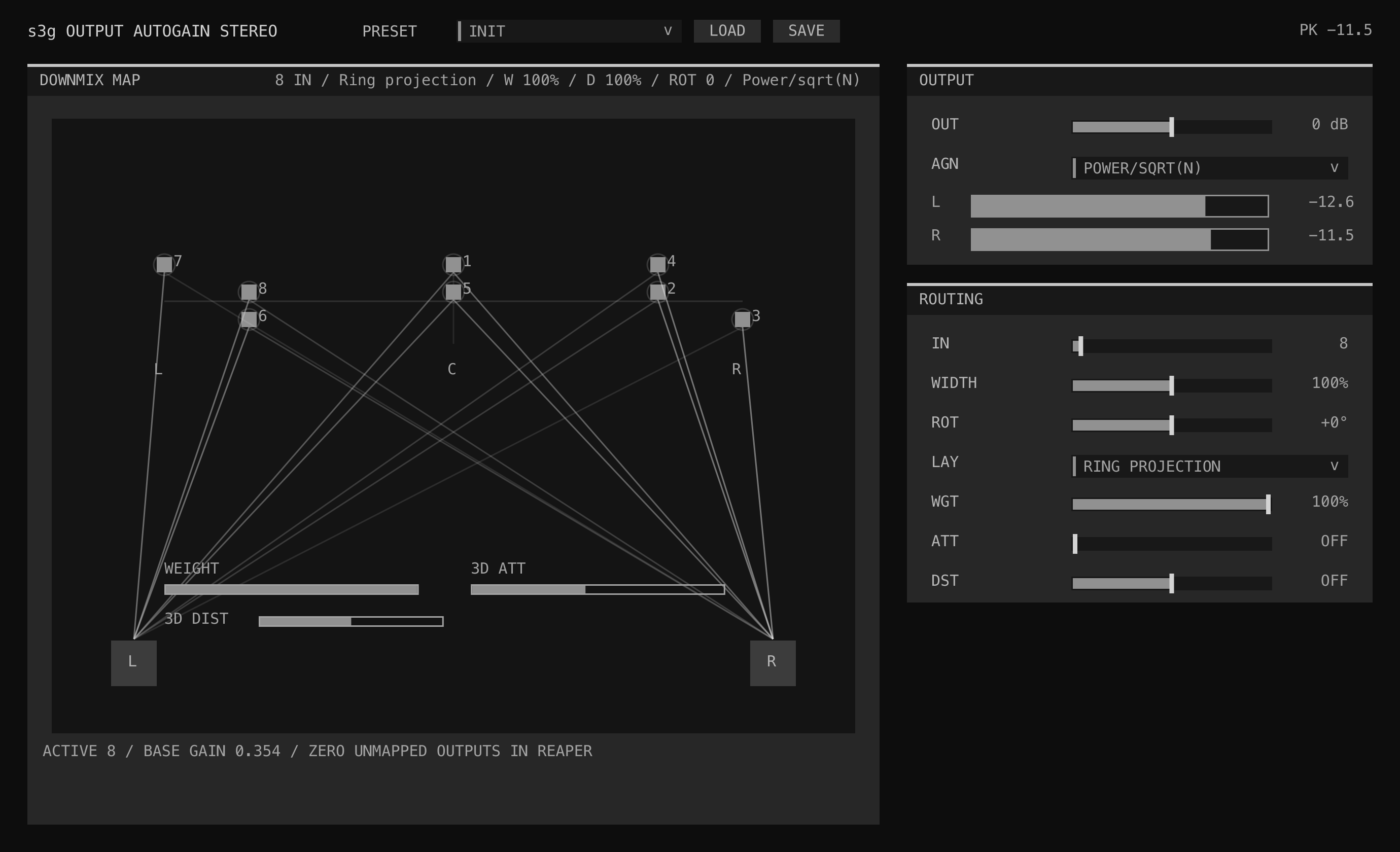 Output Autogain Stereo fold-down controls, layout visualization, and stereo meters