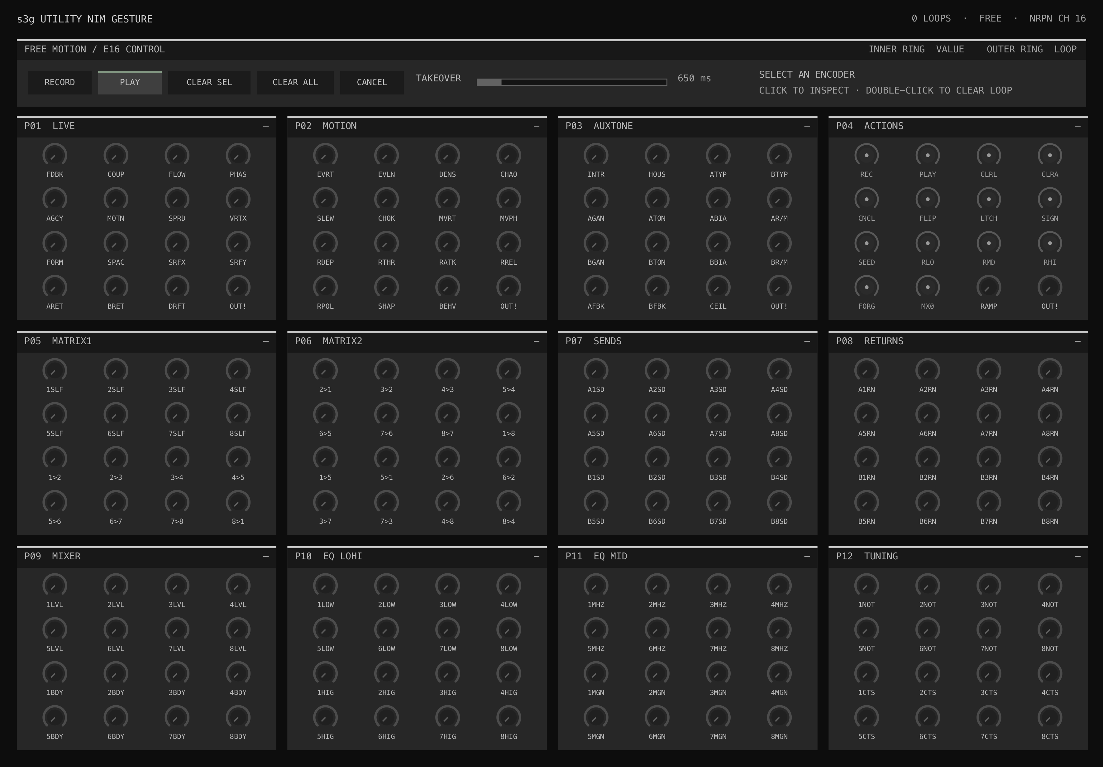 NIM Gesture utility showing Record, Play, loop controls, and the complete twelve-page OXI E16 No Input Mixer overview