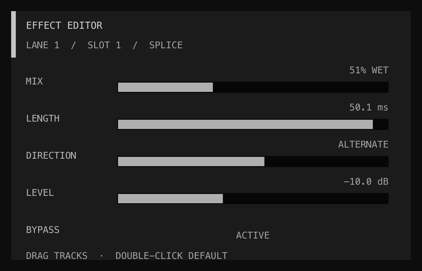 Compact Processor No Input Mixer Effect Editor showing SPLICE mix, length, direction, level, and bypass controls