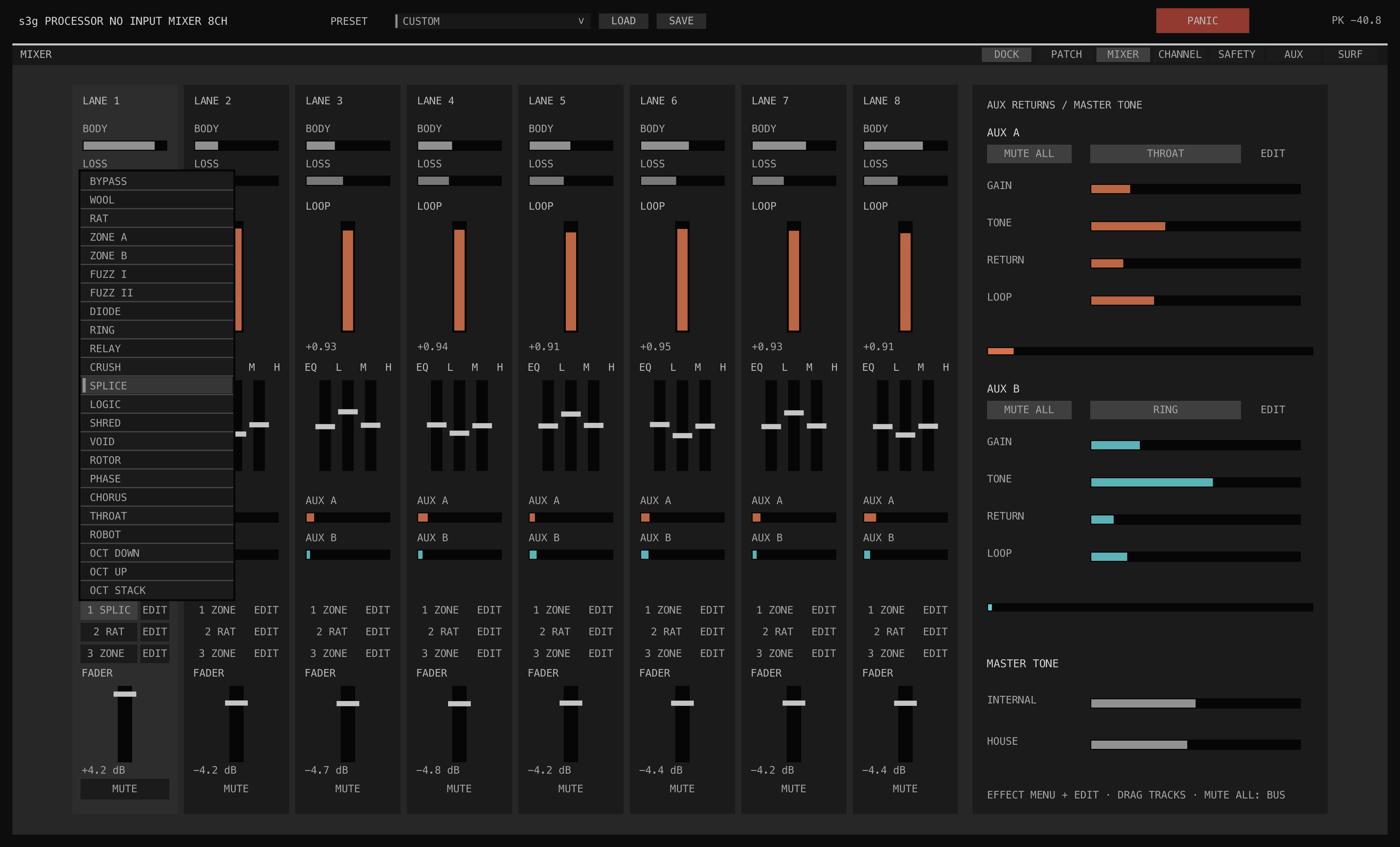 The synchronized eight-strip Processor No Input Mixer performance mixer pop-out with the full lane effect dropdown, aux returns, and master tone controls