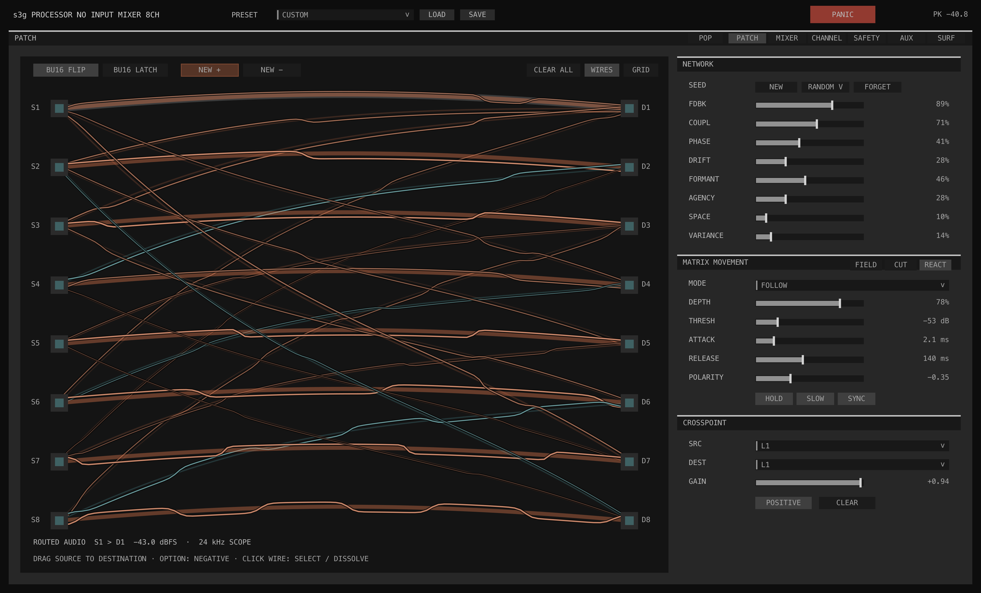 Screenshot of the s3g Processor No Input Mixer eight-channel feedback matrix and lane controls