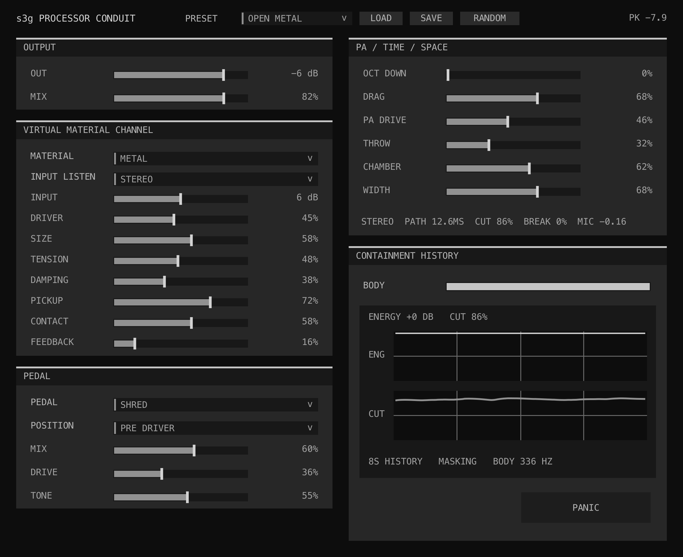 Processor Conduit interface showing stereo input selection, material body controls, pedal placement, octave and moving-PA controls, and feedback containment history