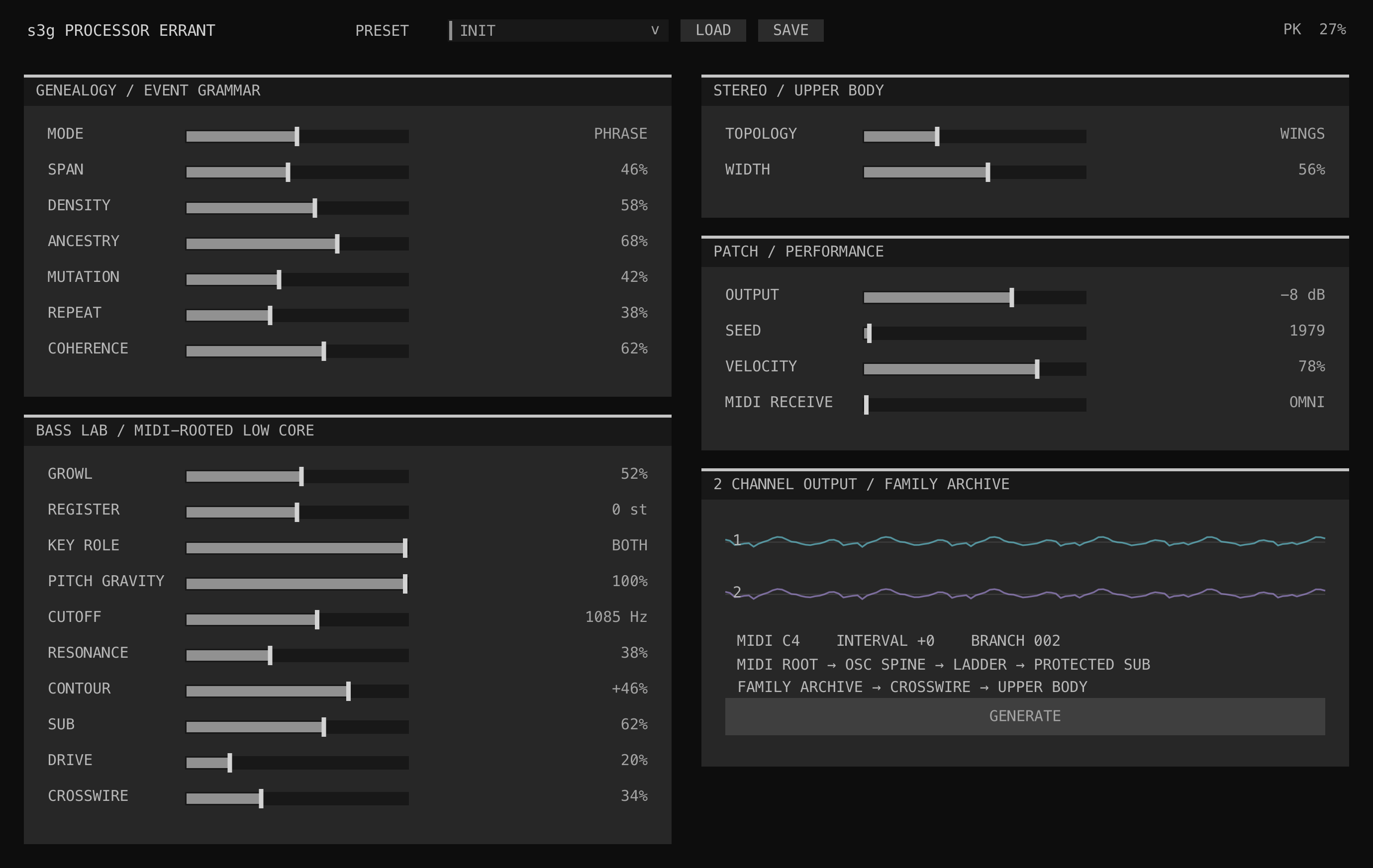 Processor Errant interface showing genealogy, mutation, bass-circuit, stereo-topology, output, trigger, and MIDI controls